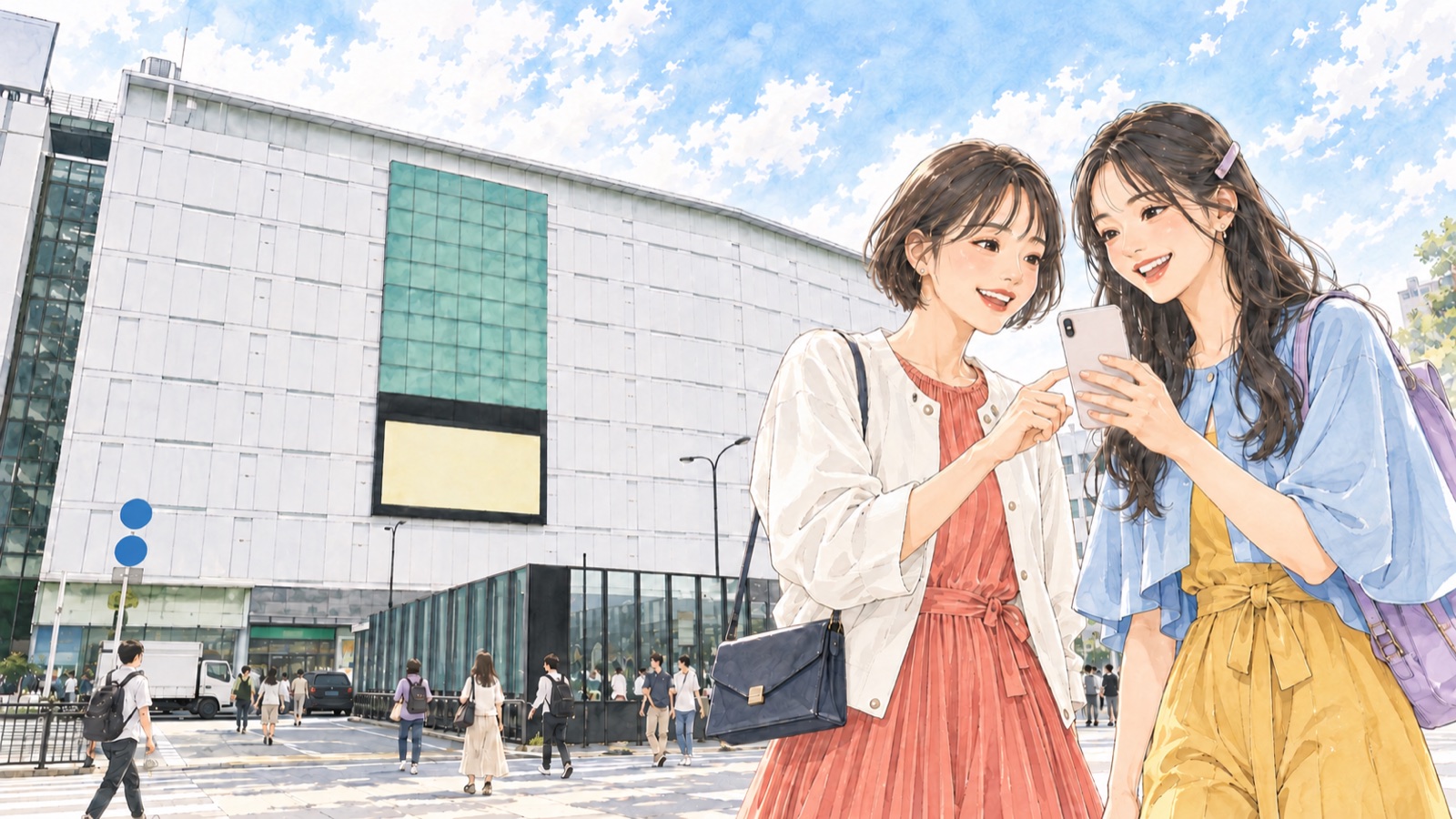 池袋PARCO周辺でスマートフォンを見る二人の女性のイラスト