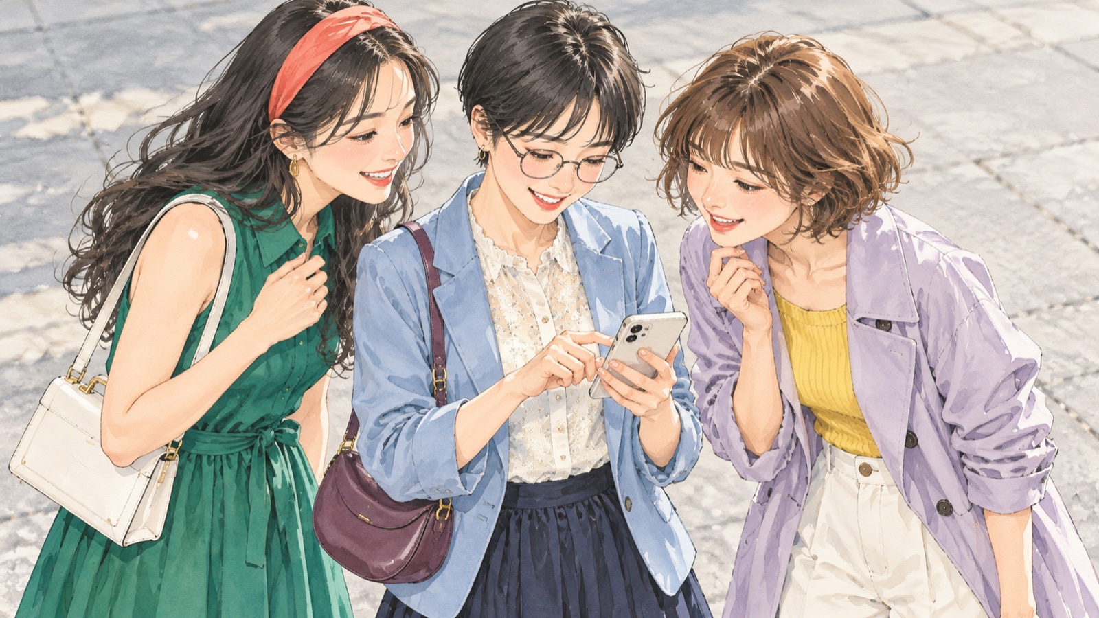 屋外で訪問前にスマートフォンを確認する三人の女性のイラスト