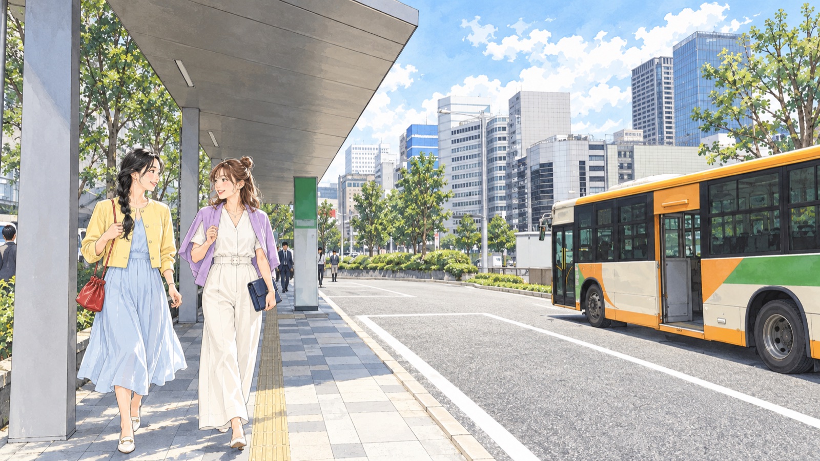東京駅八重洲の屋外バス乗り場を歩く二人の女性のイラスト