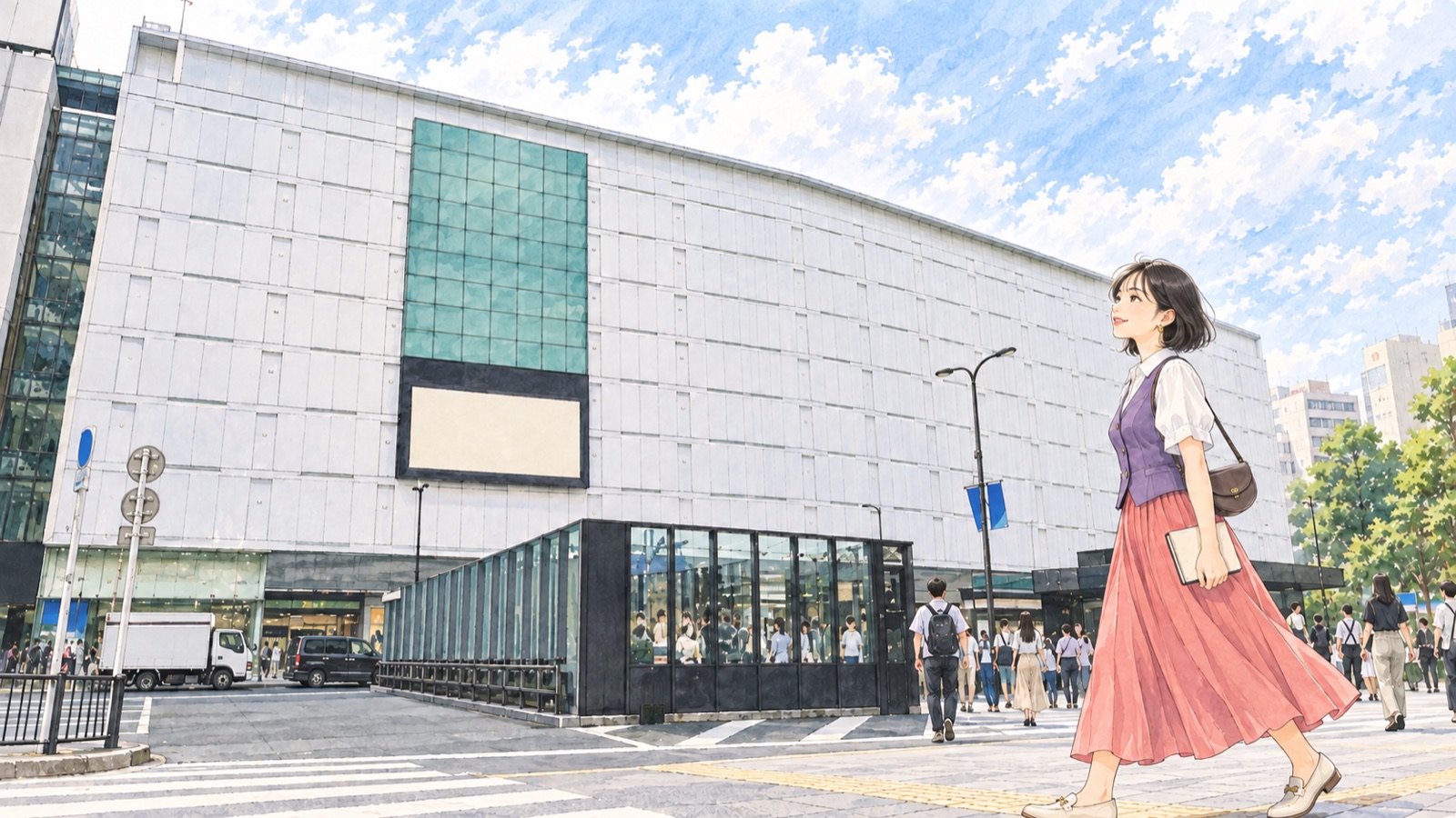 池袋PARCOの外観前を歩く女性のイラスト