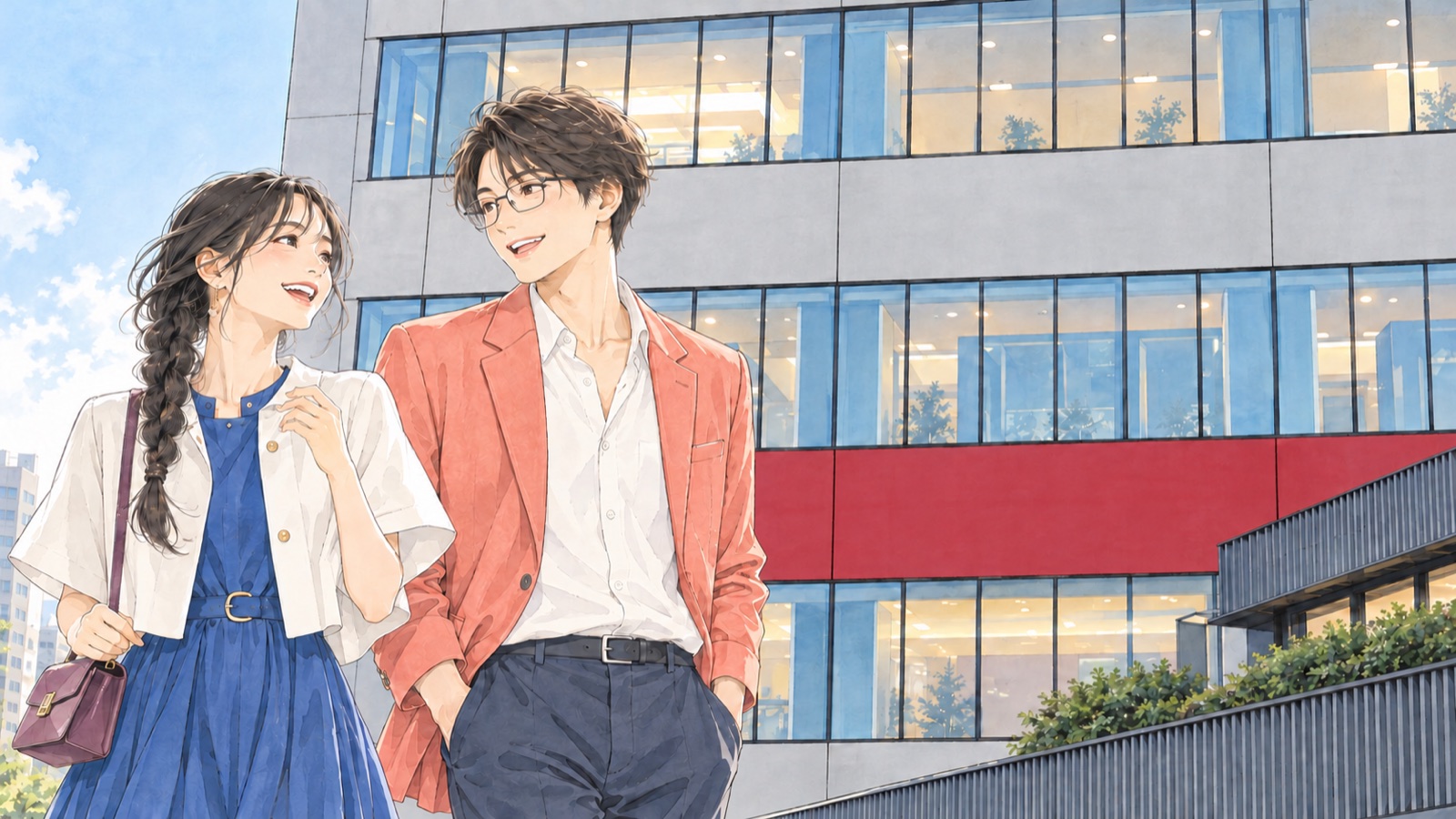 ソラマチの建物を背景に会話する二人の男女のイラスト