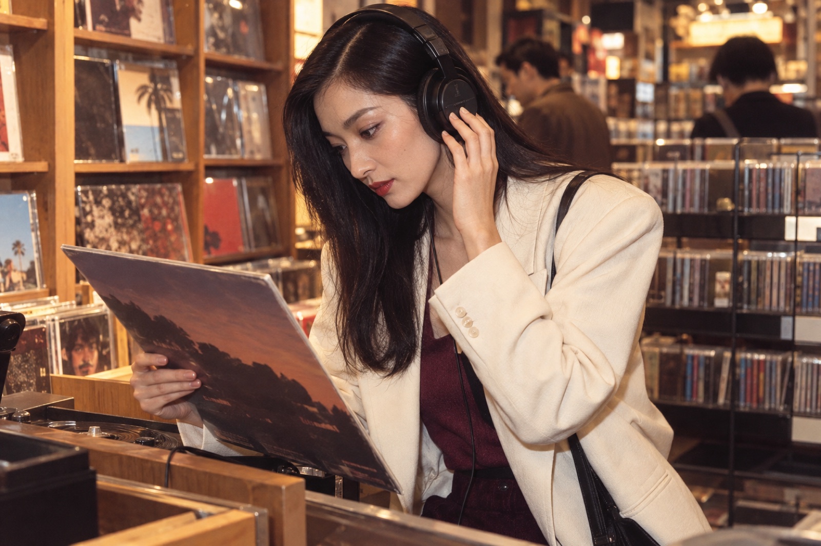 レコード店の試聴コーナーで音楽を聴く1990年の女性