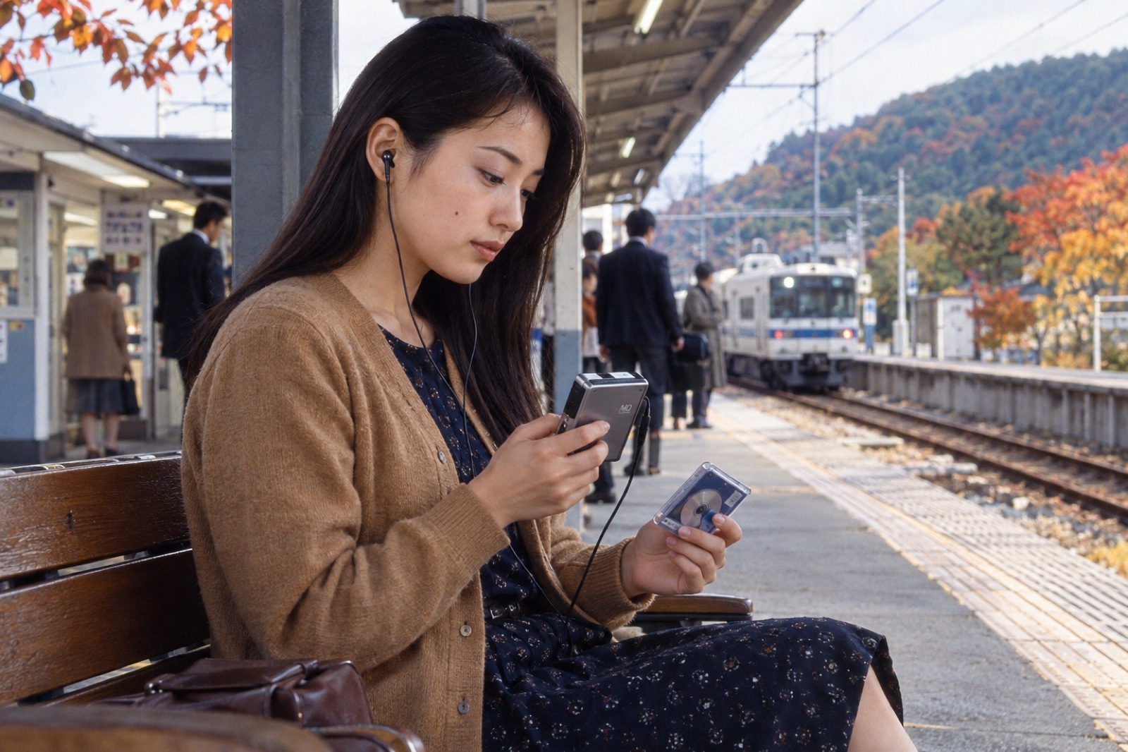 駅のベンチで携帯MDプレーヤーを使う1992年の女性