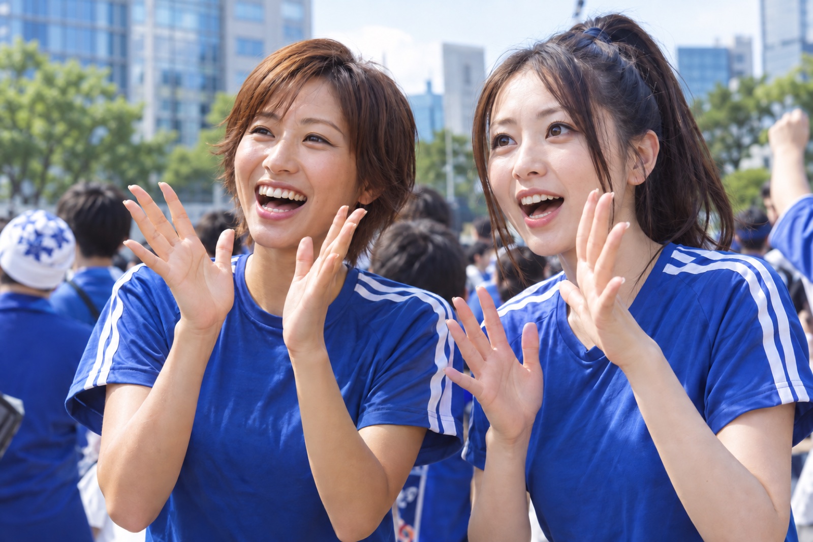 街頭でサッカーの試合を応援する2002年の女性たち