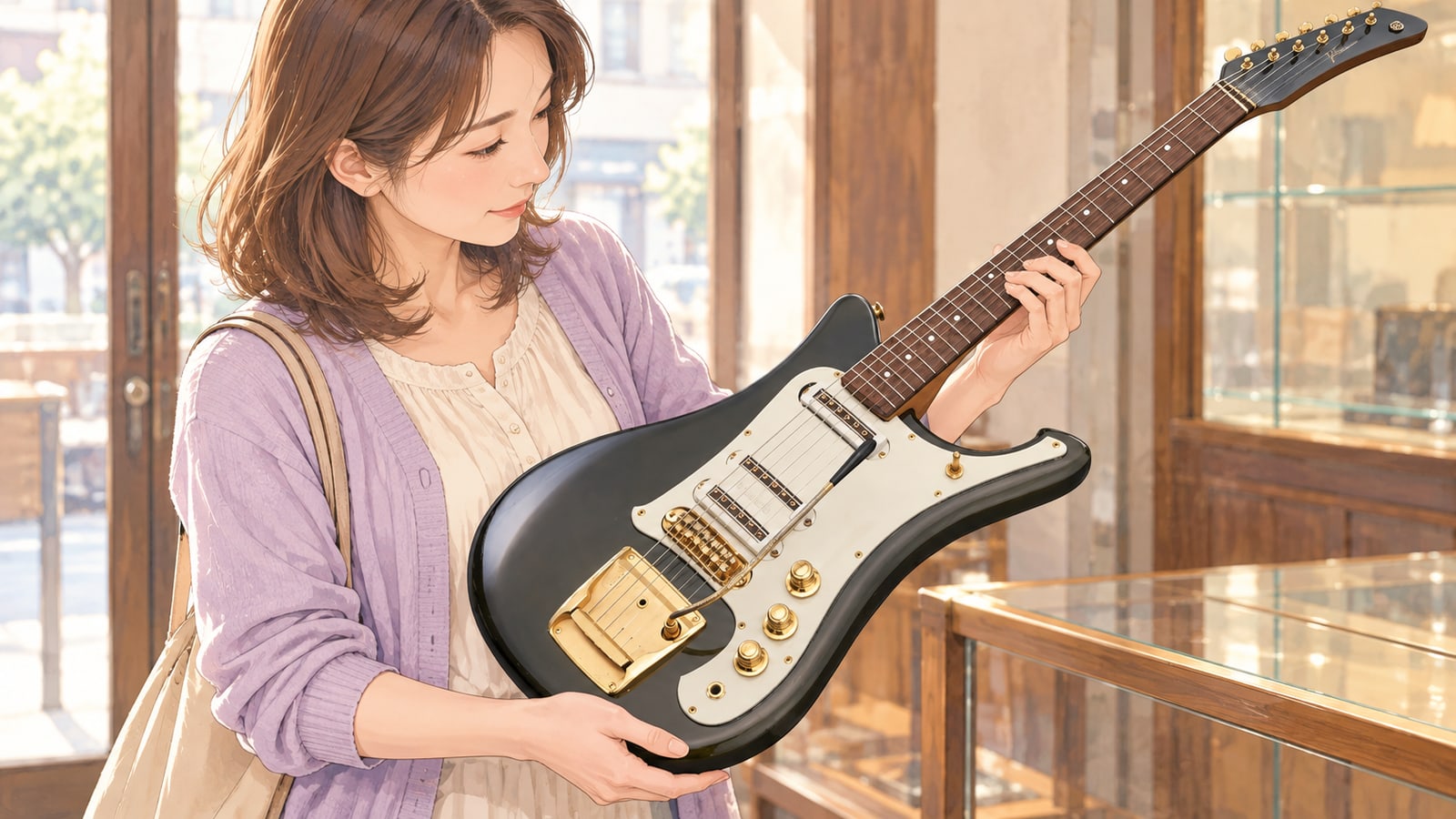 楽器店でギターを選ぶ2009年の女性のイラスト