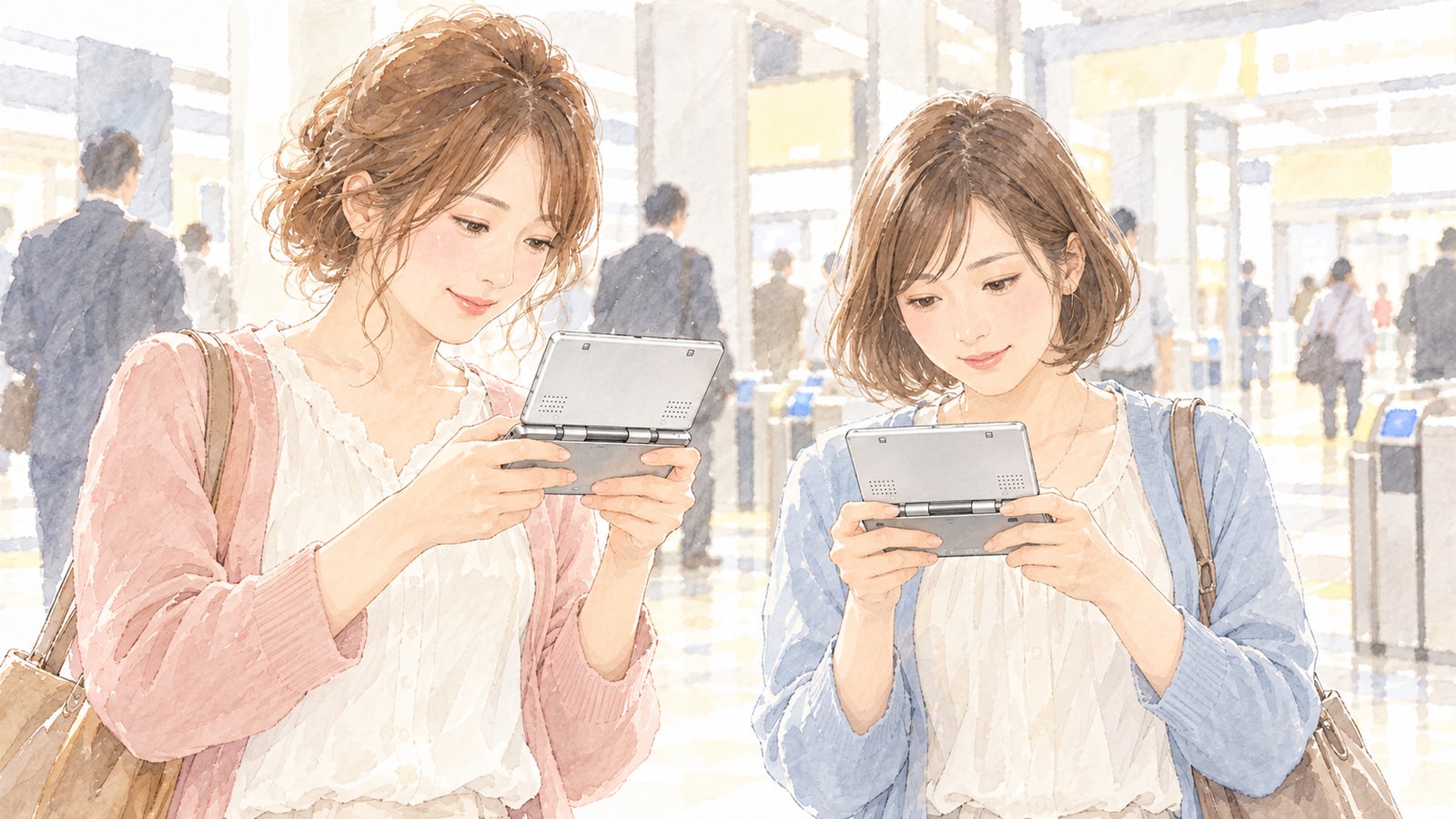初代ニンテンドーDSを持ち寄る2009年の人々のイラスト