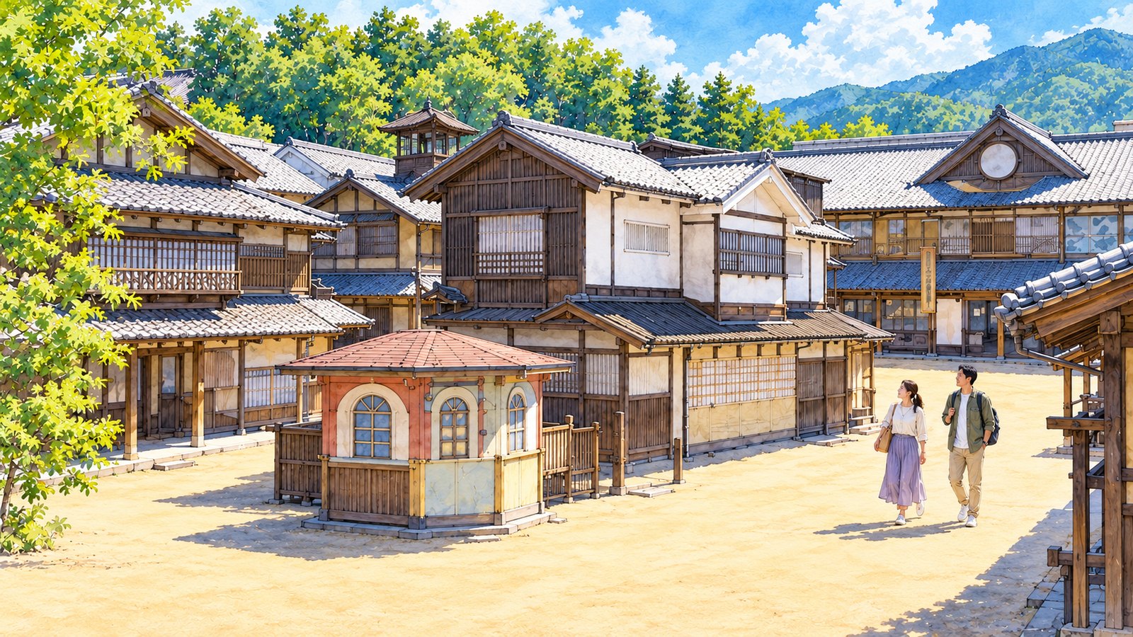 Illustration of two travelers walking through the open-air period-drama streets at Toei Kyoto Studio Park.