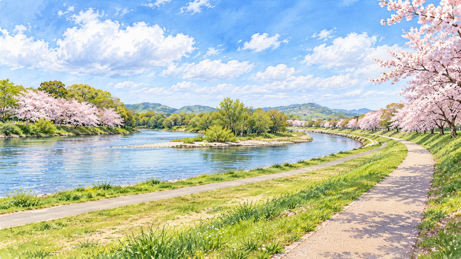 岡山市内を流れる旭川と東岸河川敷の遊歩道
