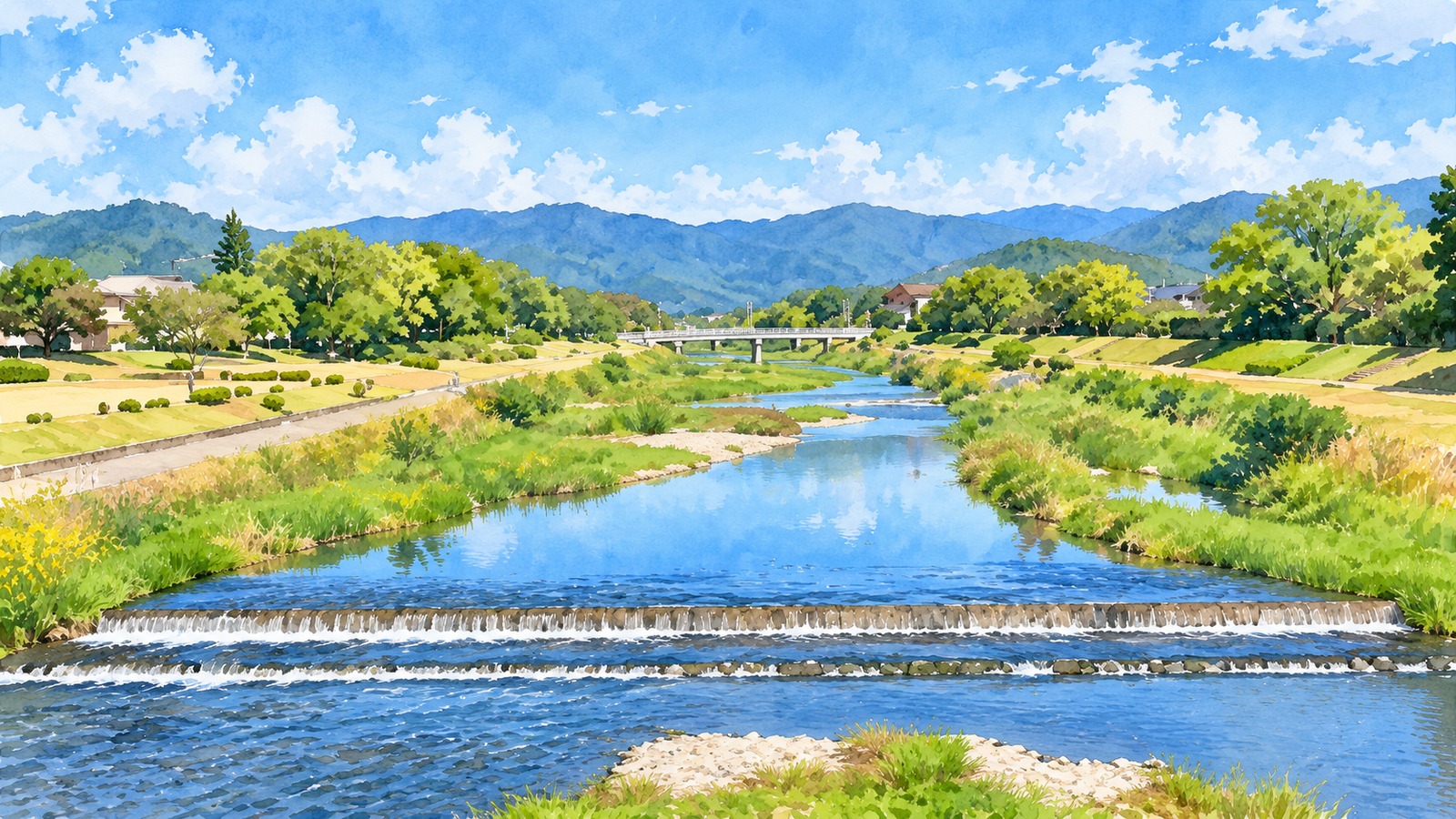 京都府立鴨川公園の河川敷と橋を望む風景