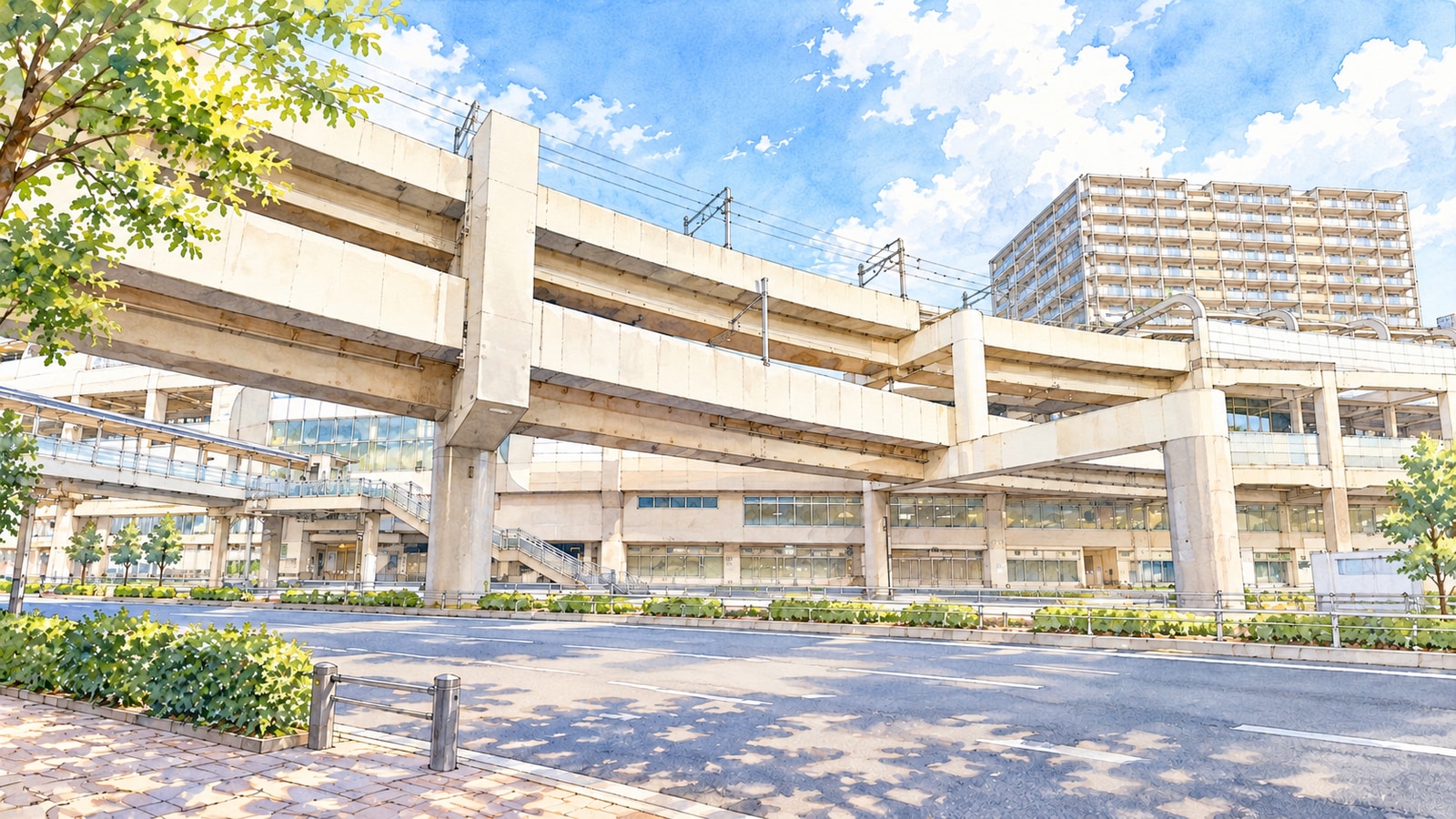 Watercolor illustration of Keikyu Kamata Station’s layered elevated tracks and large concrete pillars, viewed from National Route 15