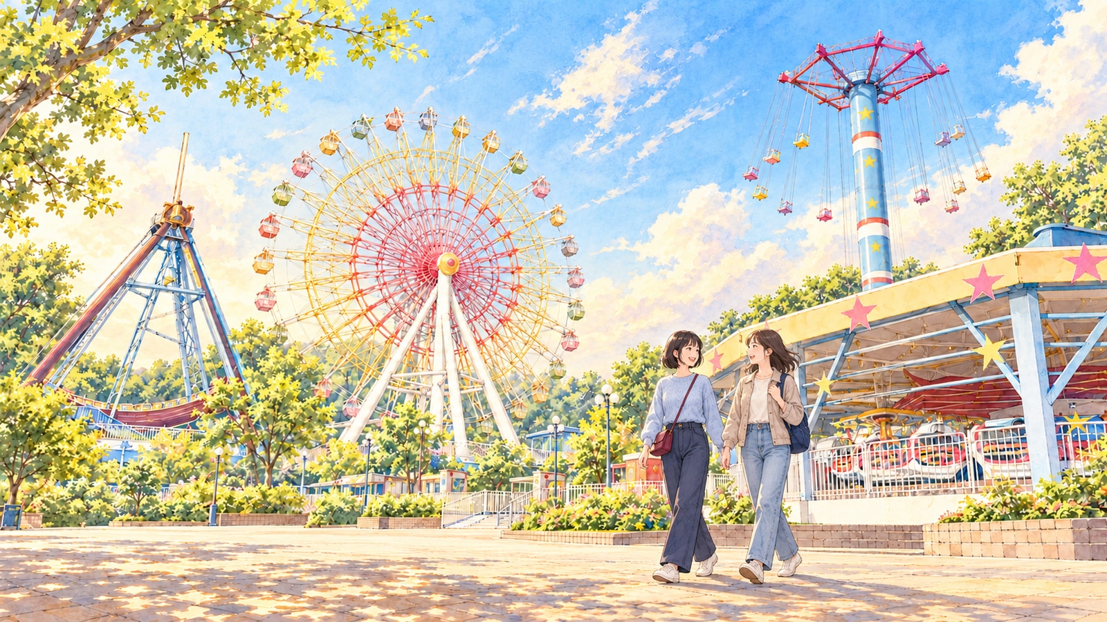 Two visitors walking across the plaza with the Ferris wheel and rides at Nasu Highland Park in the background