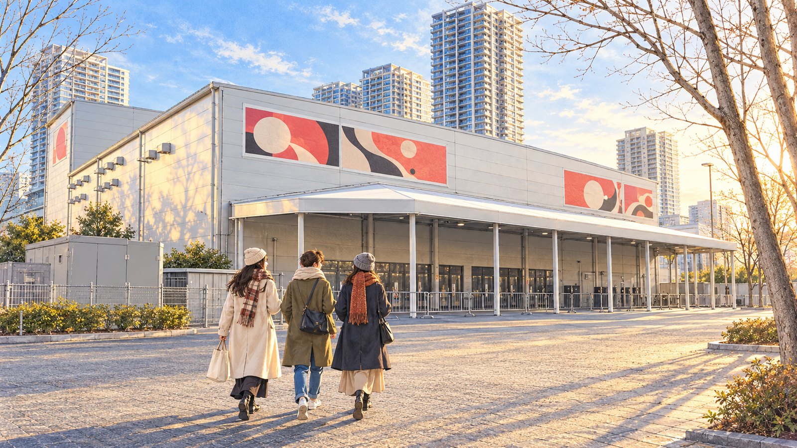 Three visitors walking across the Toyosu PIT plaza in low evening light in February
