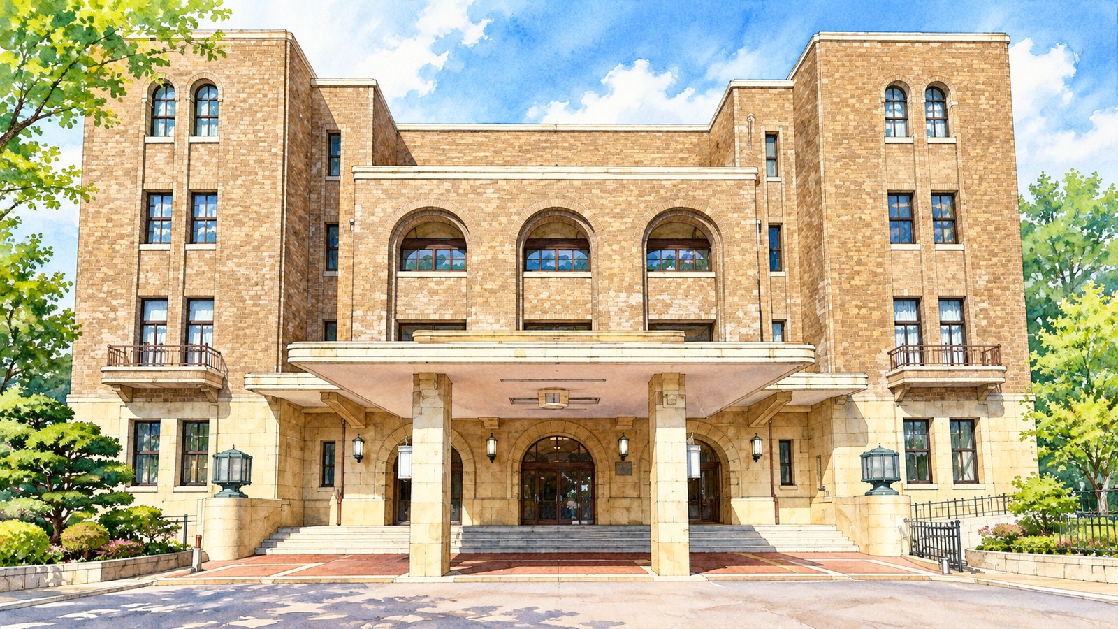 Okaya Koki Nagoya Public Hall with its three large arches