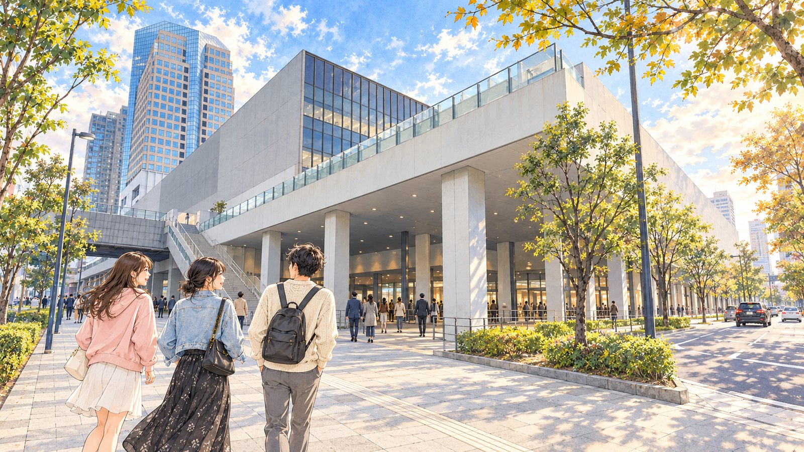 Three visitors walking from the Minato Mirai sidewalk toward the entrance of Pia Arena MM