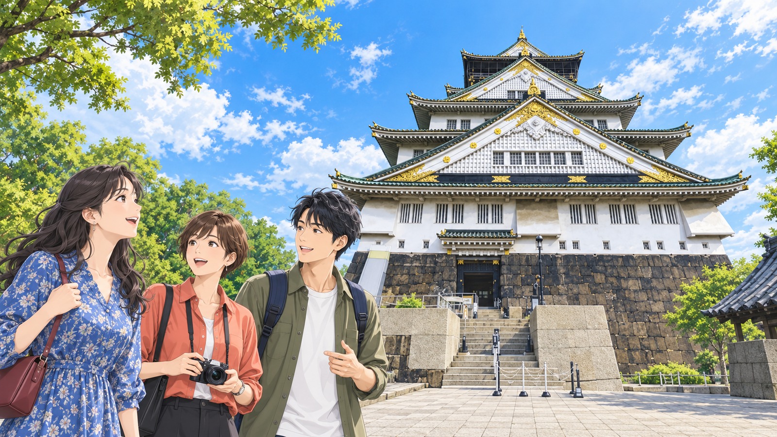 Illustration viewing the Osaka Castle main keep from Osaka Castle Park