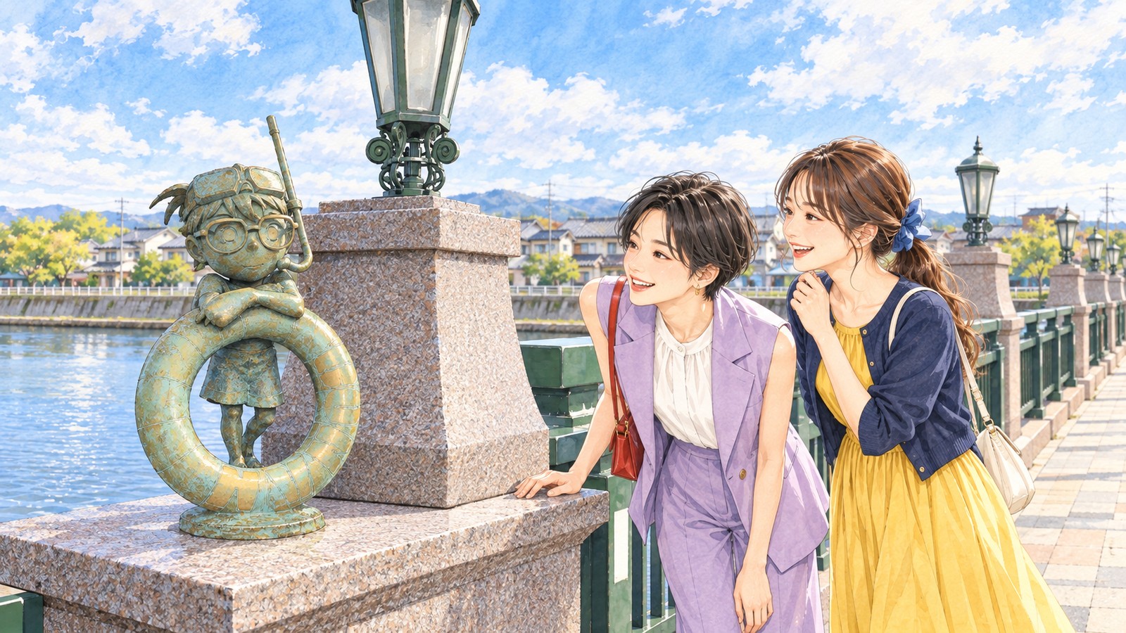 Illustration of two women leaning in to look at the Conan statue on a pillar of Conan Bridge