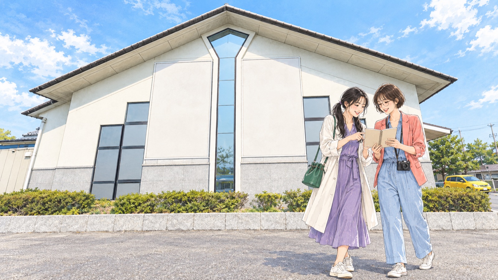 Illustration of two women visiting the Gosho Aoyama Manga Factory