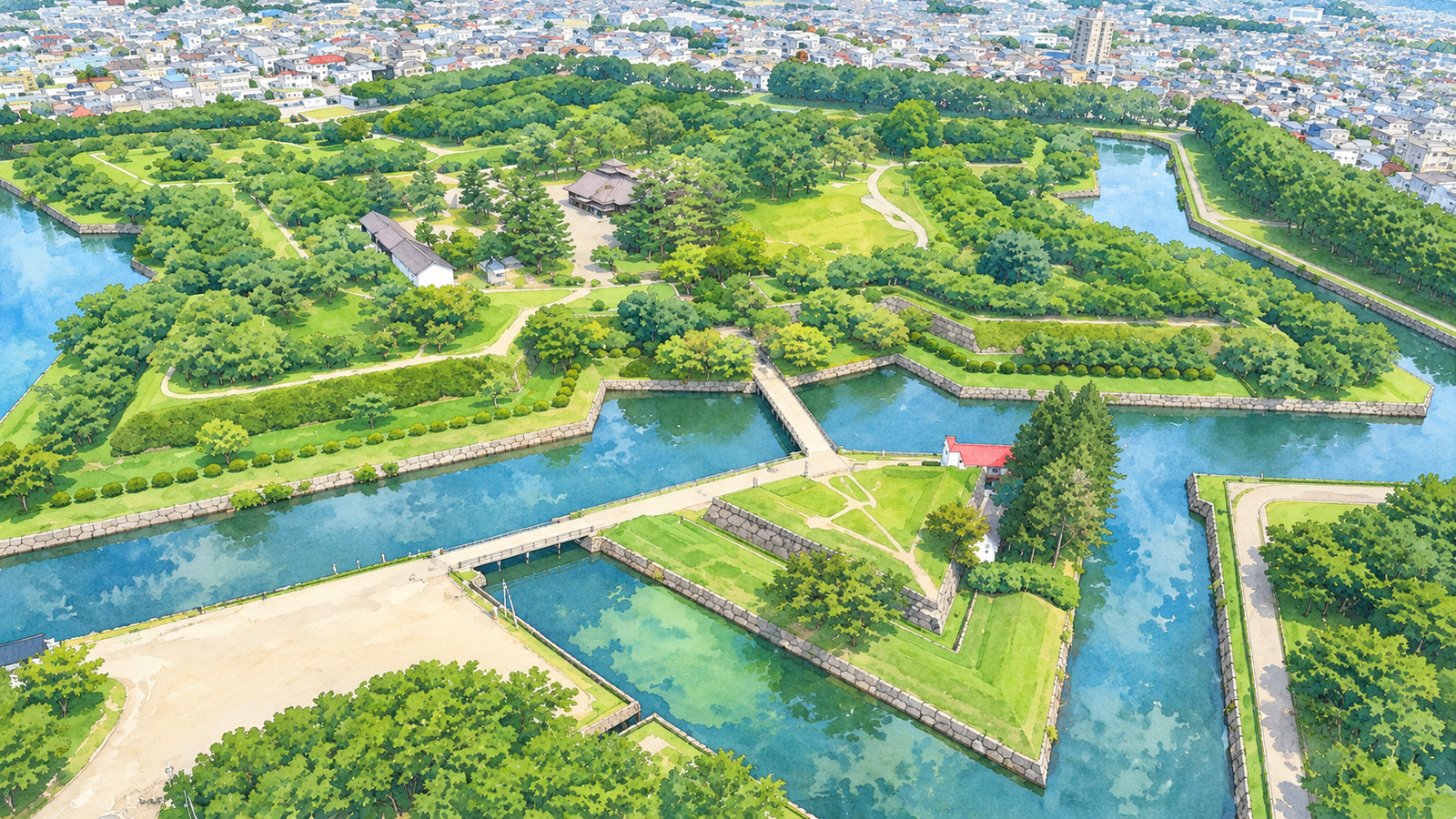 Illustration of Goryokaku and the city of Hakodate seen from the observation tower
