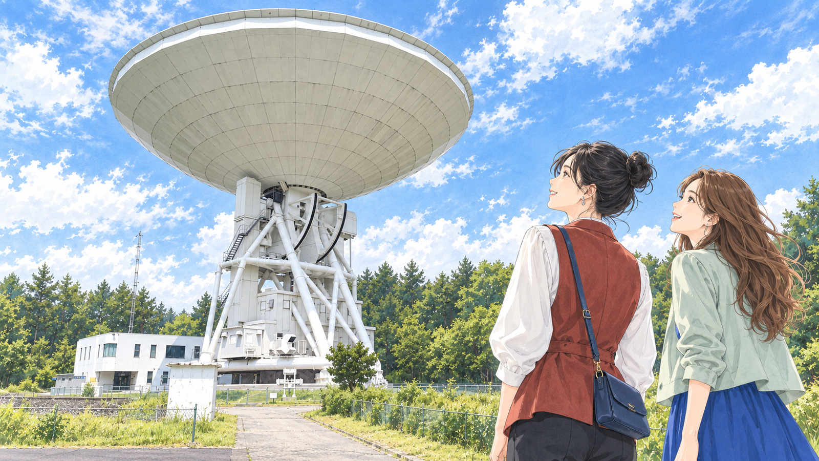 Illustration of two women touring the 45-meter radio telescope in Nobeyama