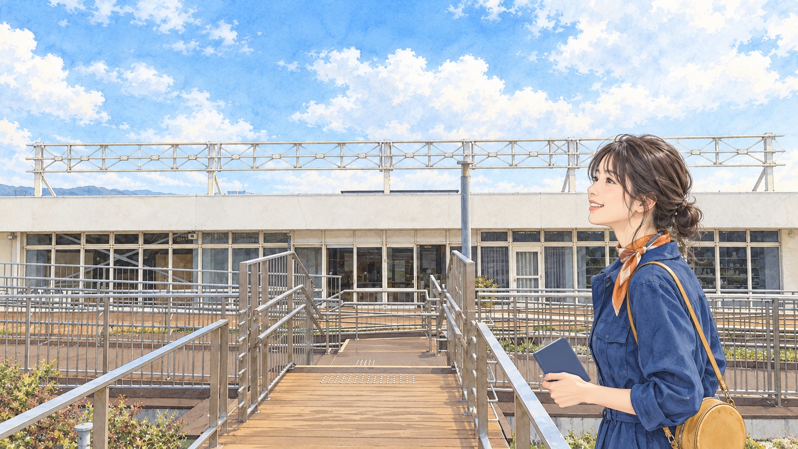 Illustration of watching airplanes from the rooftop observation deck at Osaka International Airport