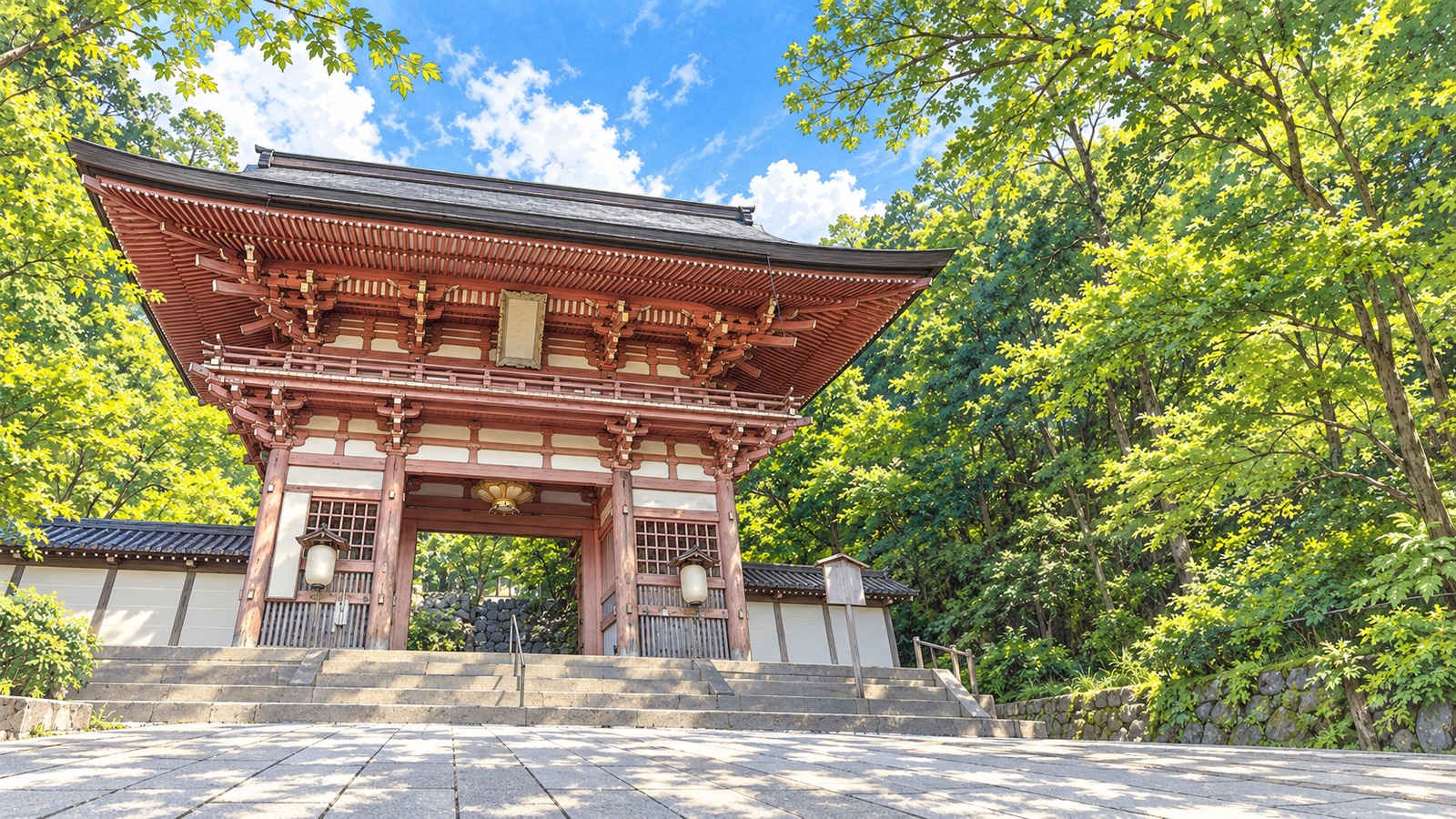 Illustration of the Niomon Gate of Kurama-dera Temple leading up Mount Kurama