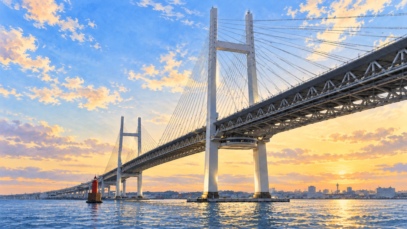 Illustration looking out over Yokohama Bay Bridge and the harbor