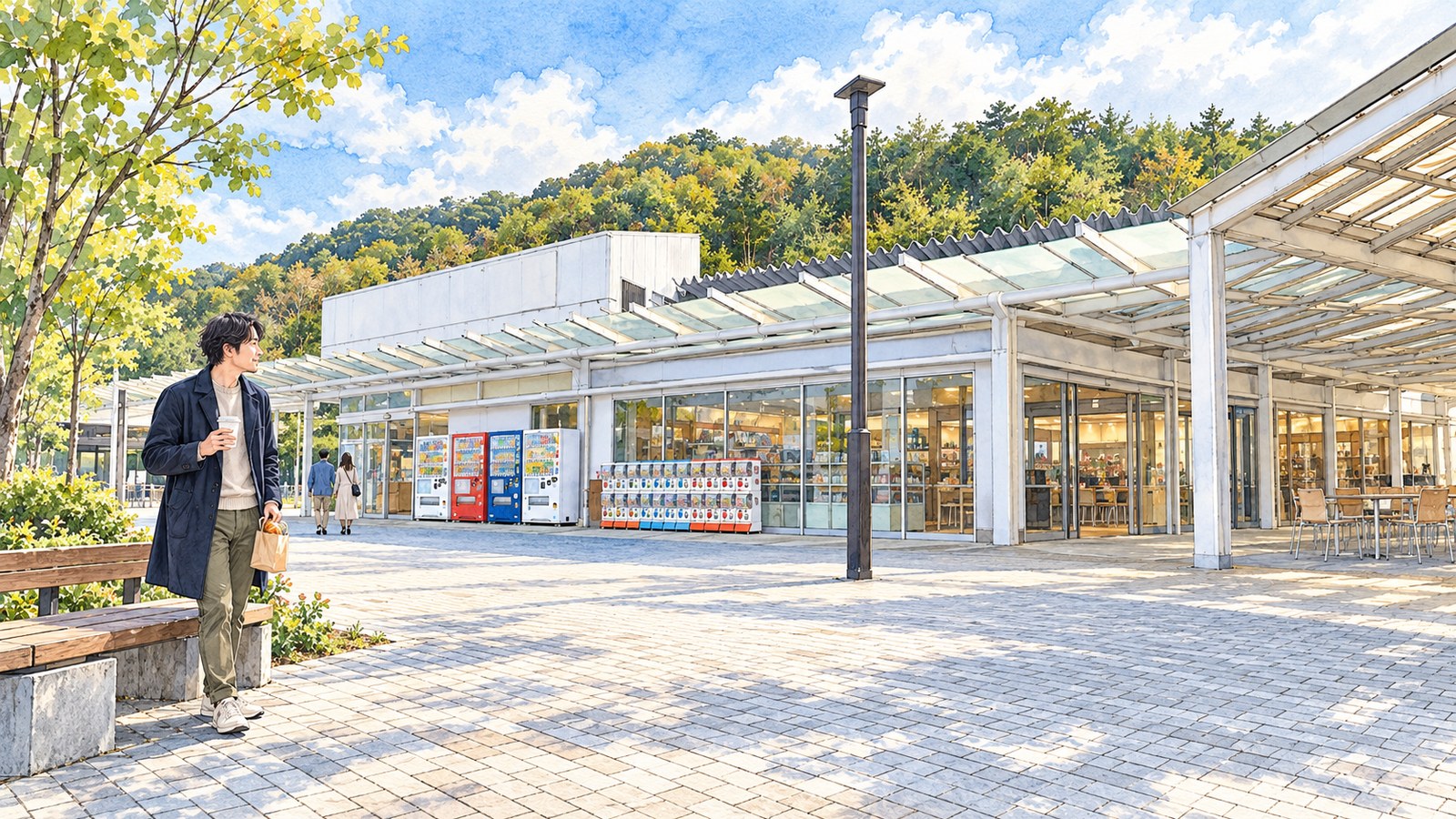 小谷SAの白い屋根の広場で、紙コップのコーヒーとパンの袋を手に立つ男性