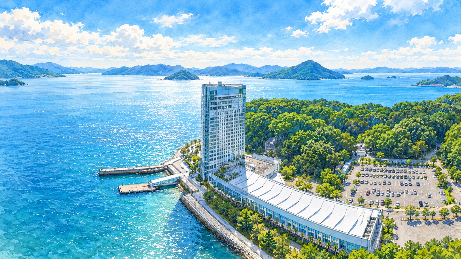 瀬戸内海に面するグランドプリンスホテル広島の建物