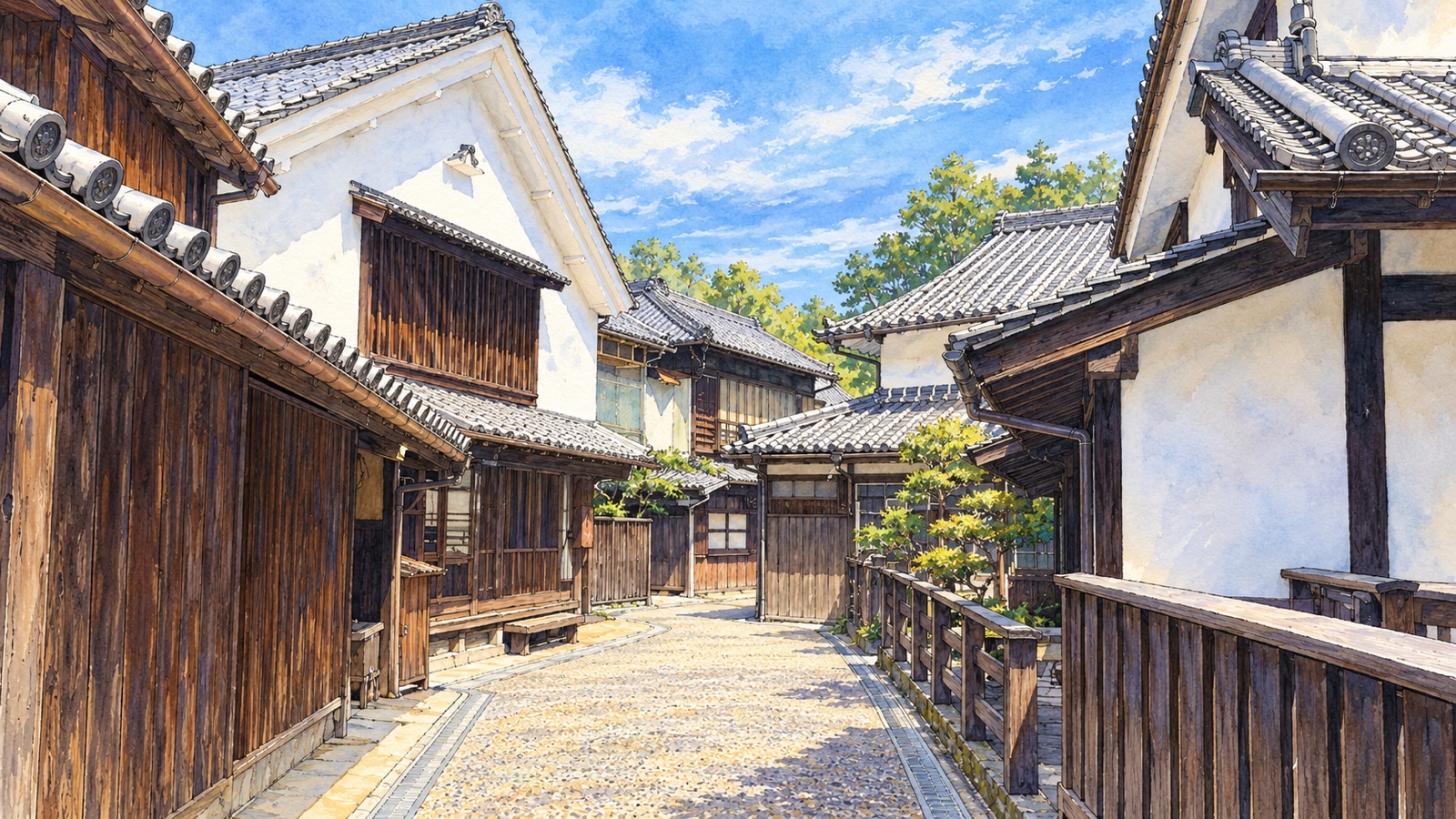 瓦屋根の家々が並ぶ御手洗の路地