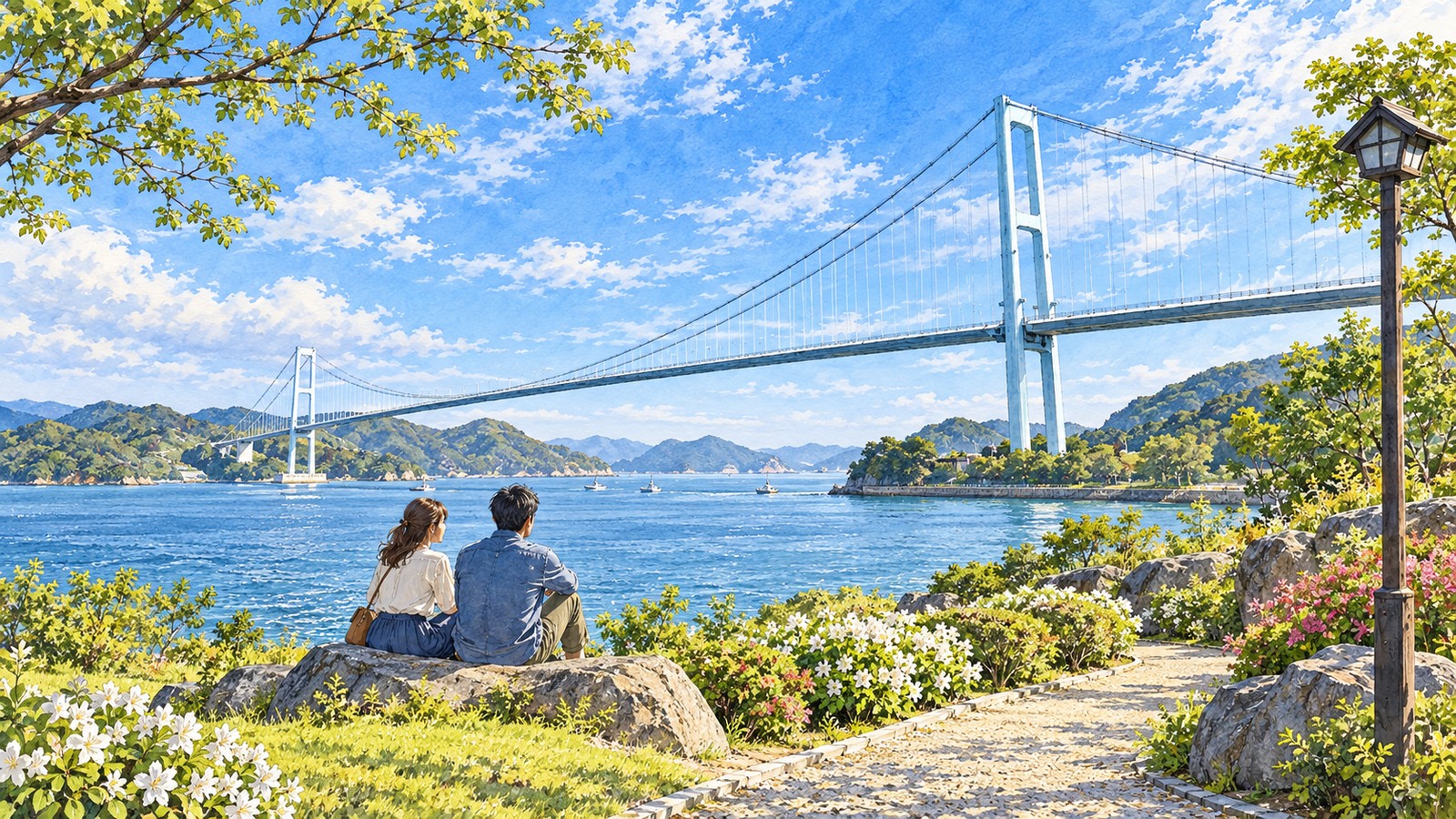 白崎園の岸辺の岩に座り、海峡をまたぐ安芸灘大橋を眺める二人のイラスト