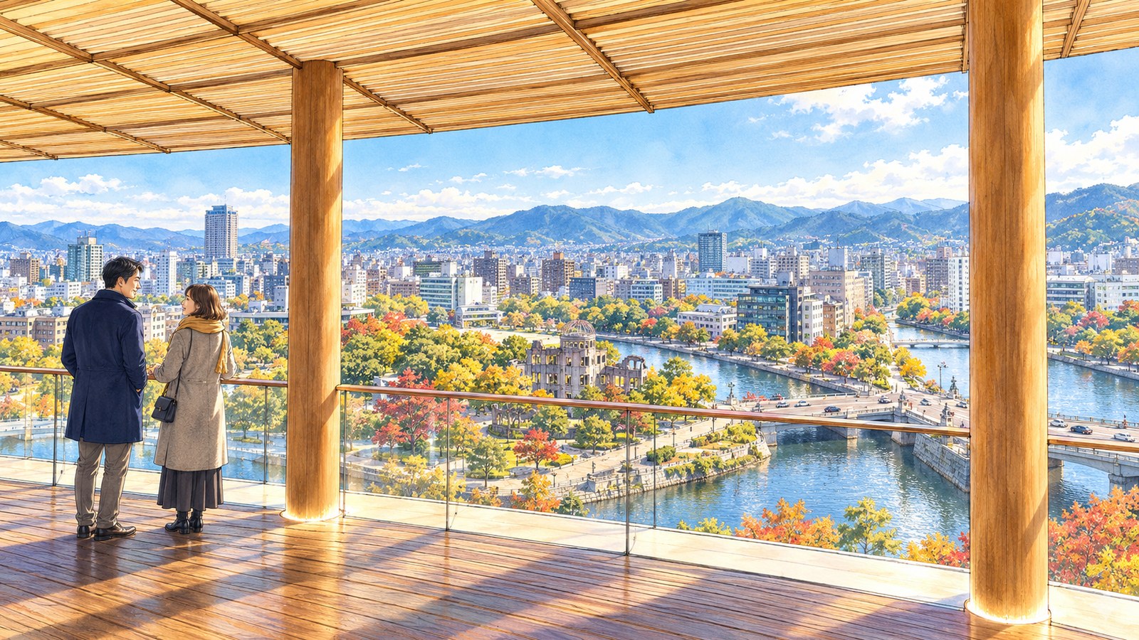 おりづるタワーの木の屋根の展望台から、原爆ドームと川、相生橋を眺める二人