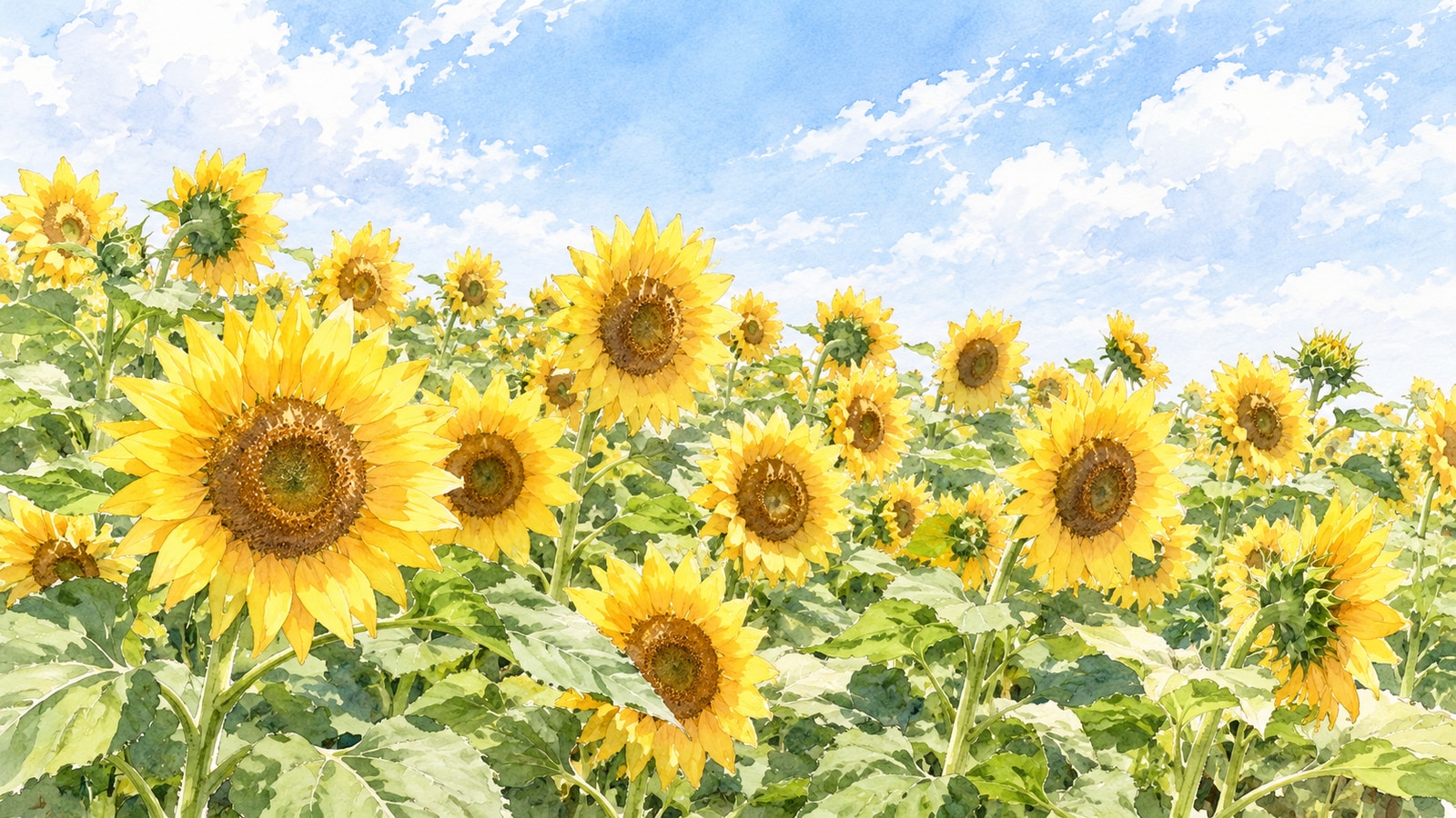 観光農園花ひろばで、青空に向かって咲く黄色いひまわりのイラスト