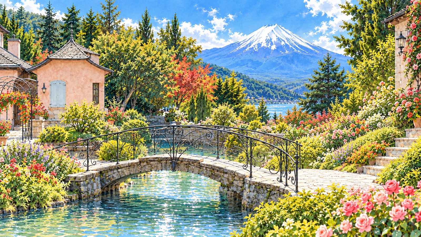 富士山を望む河口湖音楽と森の美術館の庭園と、花々に囲まれた石橋と水路のイラスト