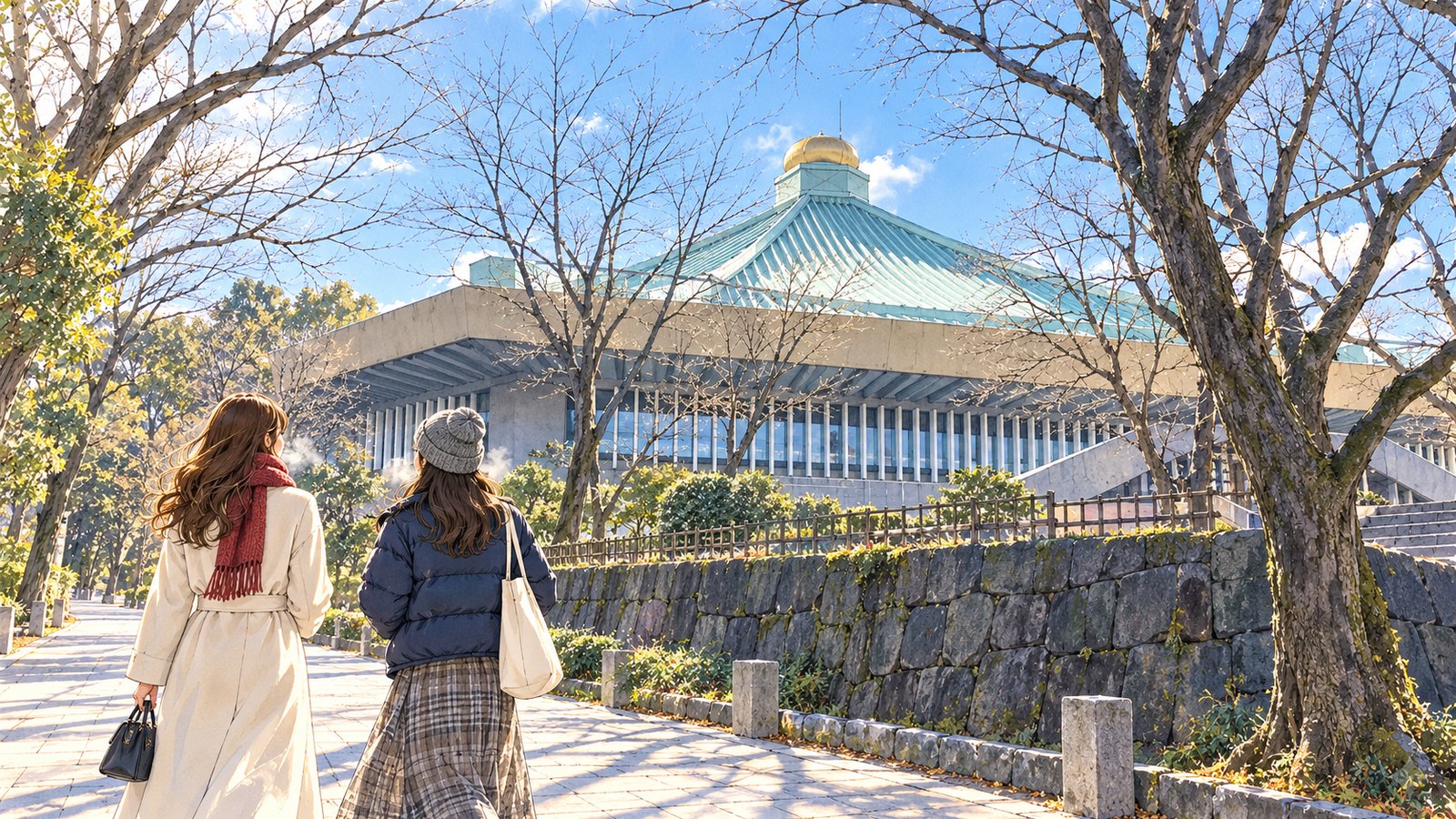 冬の北の丸公園から、八角形の屋根の日本武道館を見上げて歩く二人のイラスト