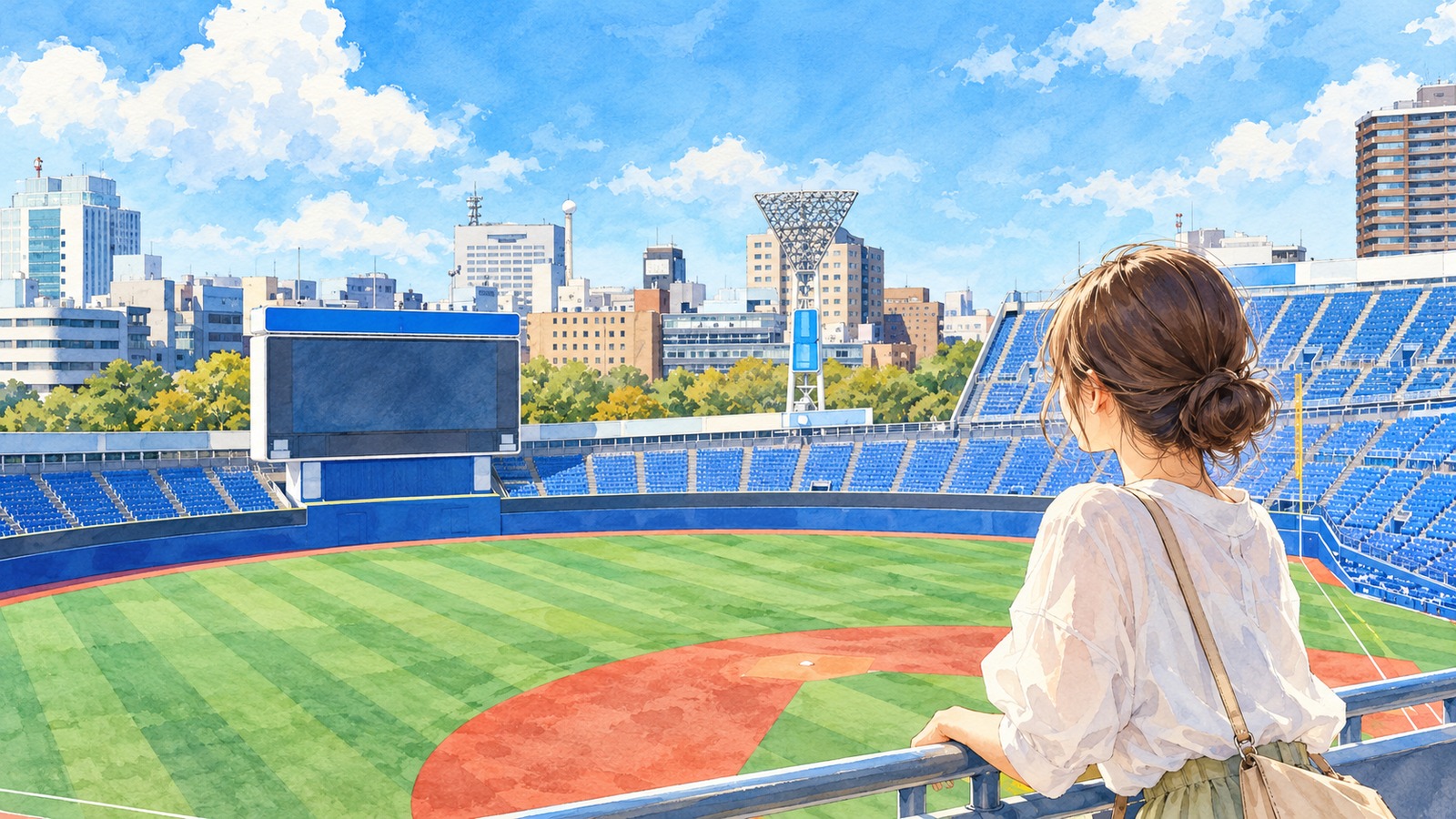 横浜スタジアムの青い観客席からグラウンドを眺める女性のイラスト