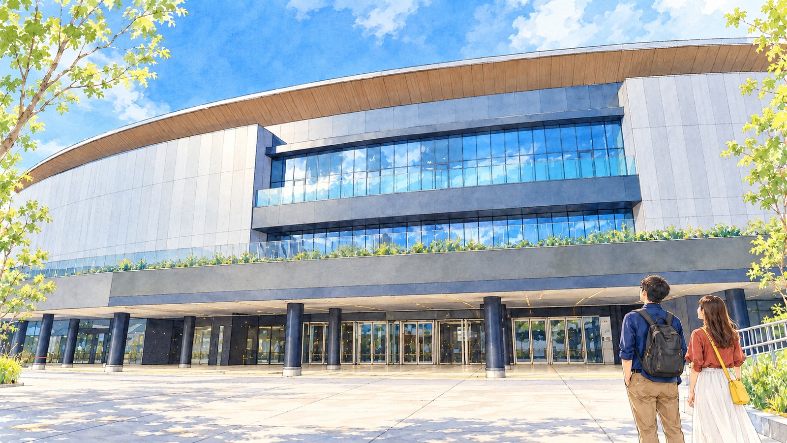 弧を描く屋根と中央のガラス面があるTOYOTA ARENA TOKYOのメインゲート前に立つ二人のイラスト