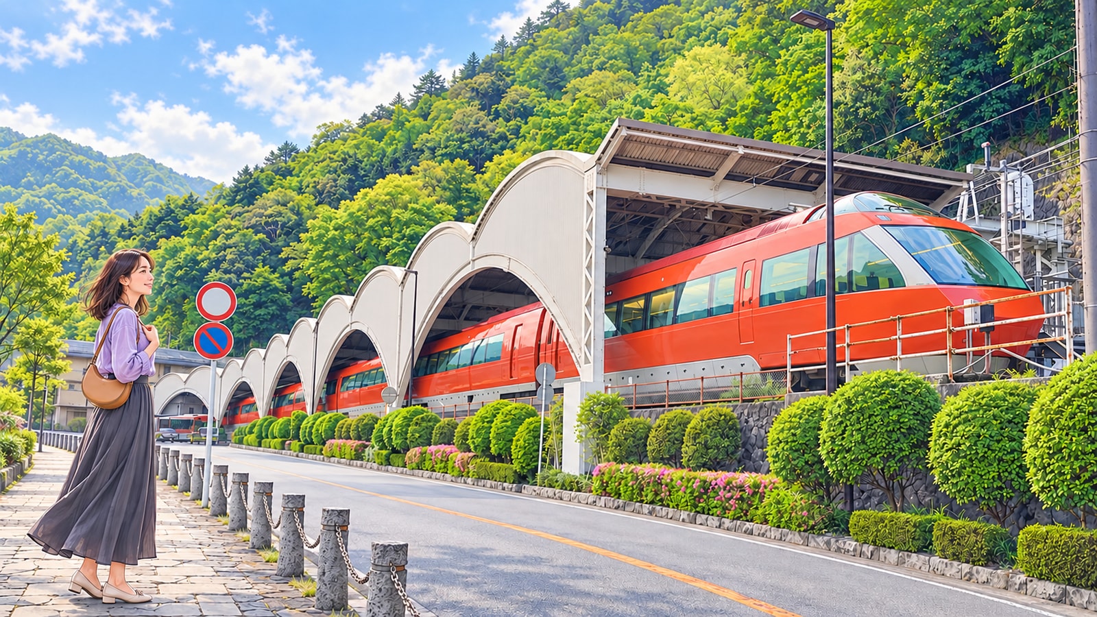 箱根湯本駅の白い曲面屋根と橙色の電車、駅外の歩道を歩く女性のイラスト