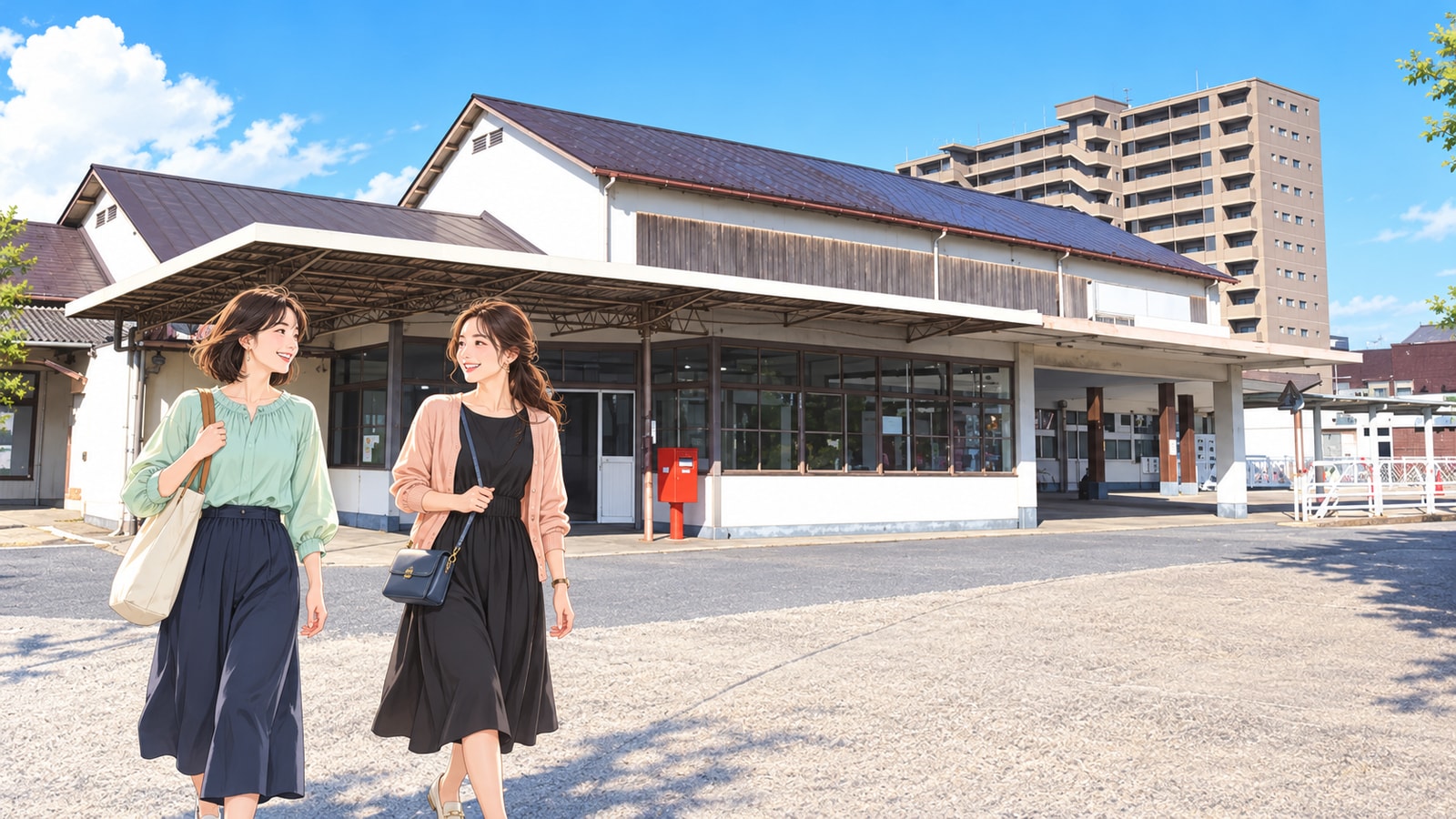 宇部新川駅の庇が深い駅舎と赤いポスト、手前の二人の女性のイラスト