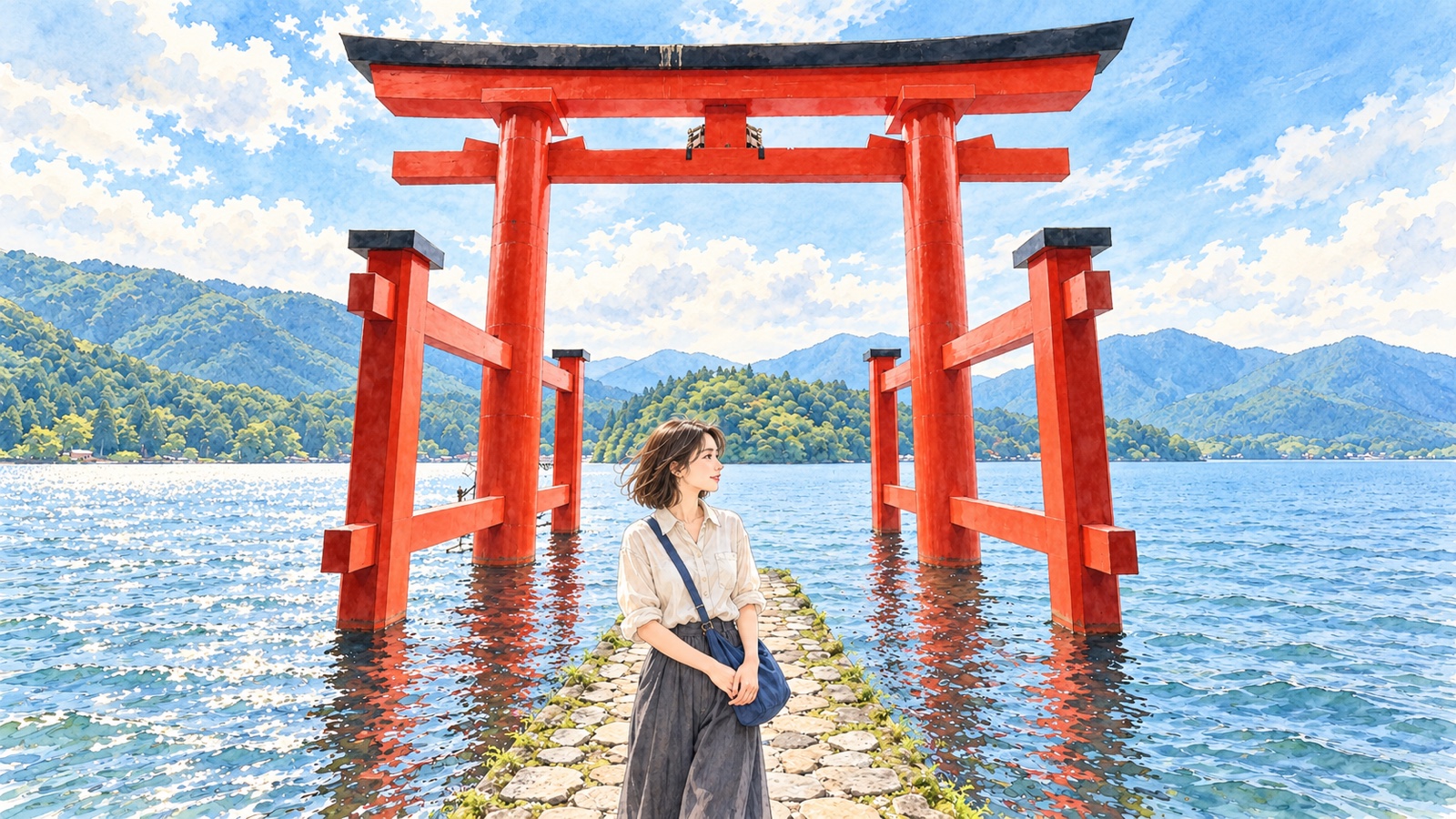 芦ノ湖に立つ箱根神社の赤い鳥居と、石の参道に立つ女性のイラスト