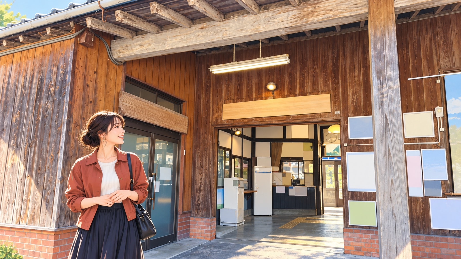 天竜二俣駅の木造の入口と庇、手前の女性のイラスト