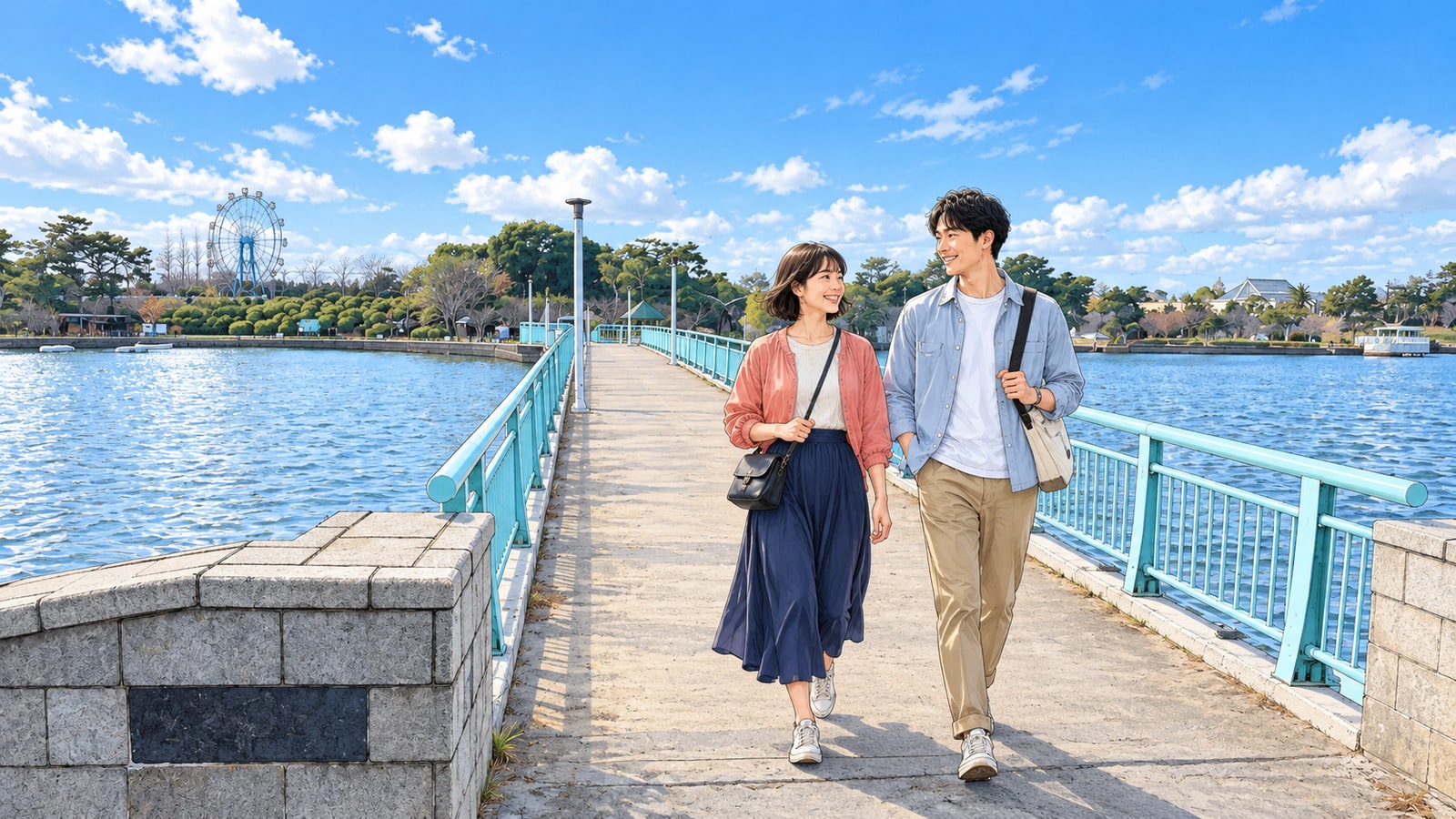 ときわ公園の常盤橋を歩く二人の旅行者と、湖の向こうの観覧車のイラスト