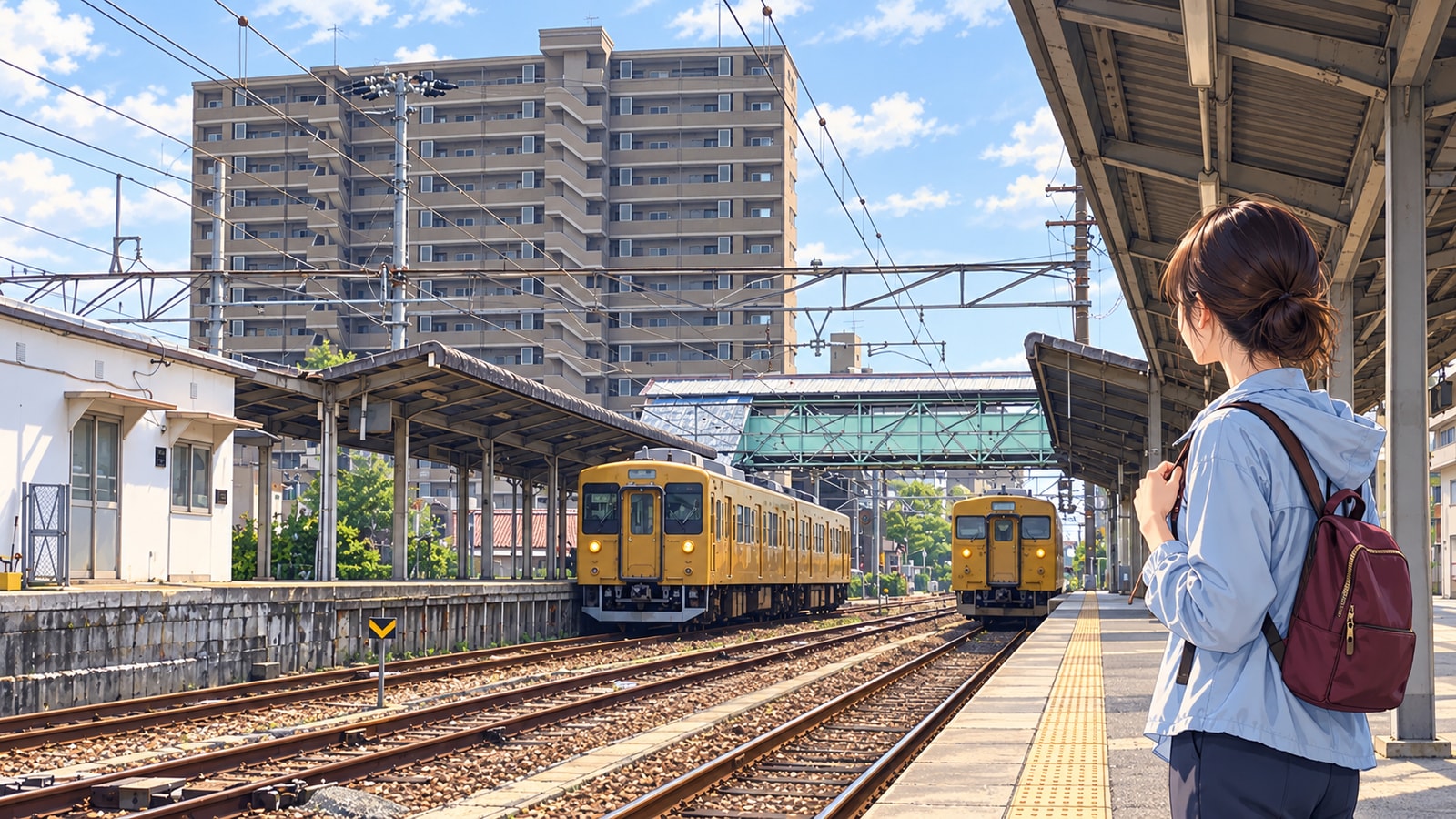 宇部新川駅のホームと黄色い電車、鞄を持つ女性のイラスト
