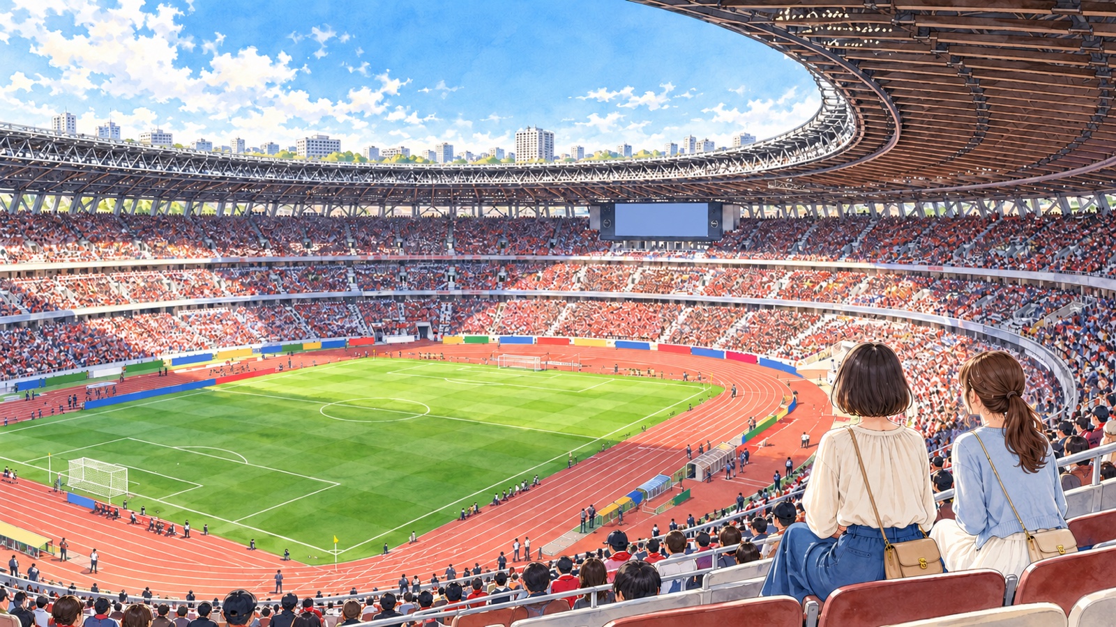 国立競技場の客席で、緑のピッチと大屋根を見渡す二人の観客のイラスト
