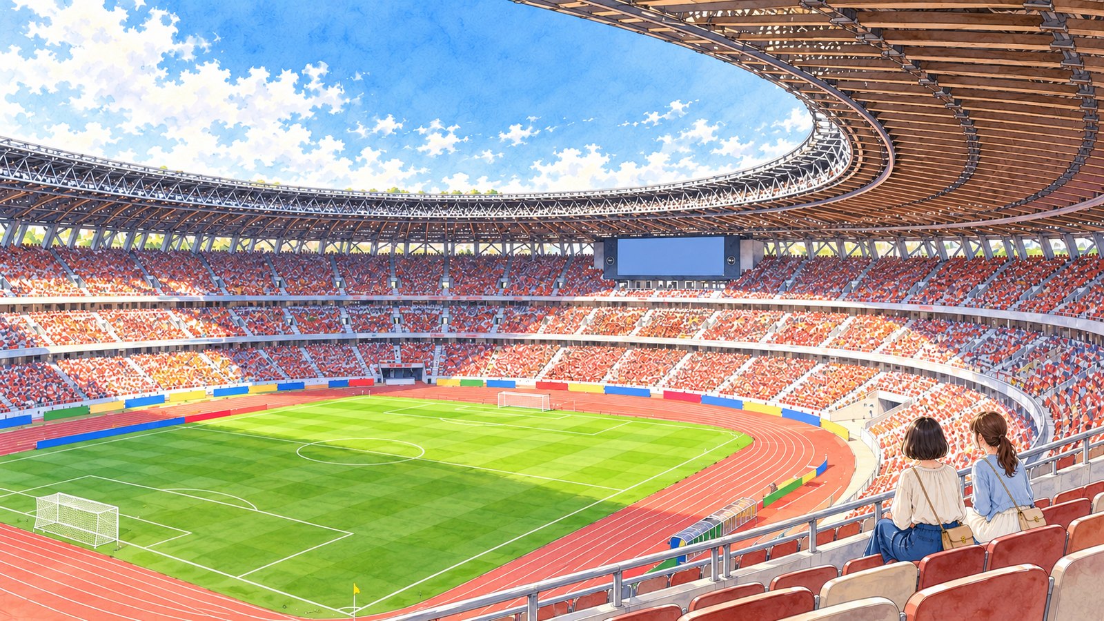Illustration of the green pitch and broad roof of Japan National Stadium, viewed from the stands behind two seated spectators.