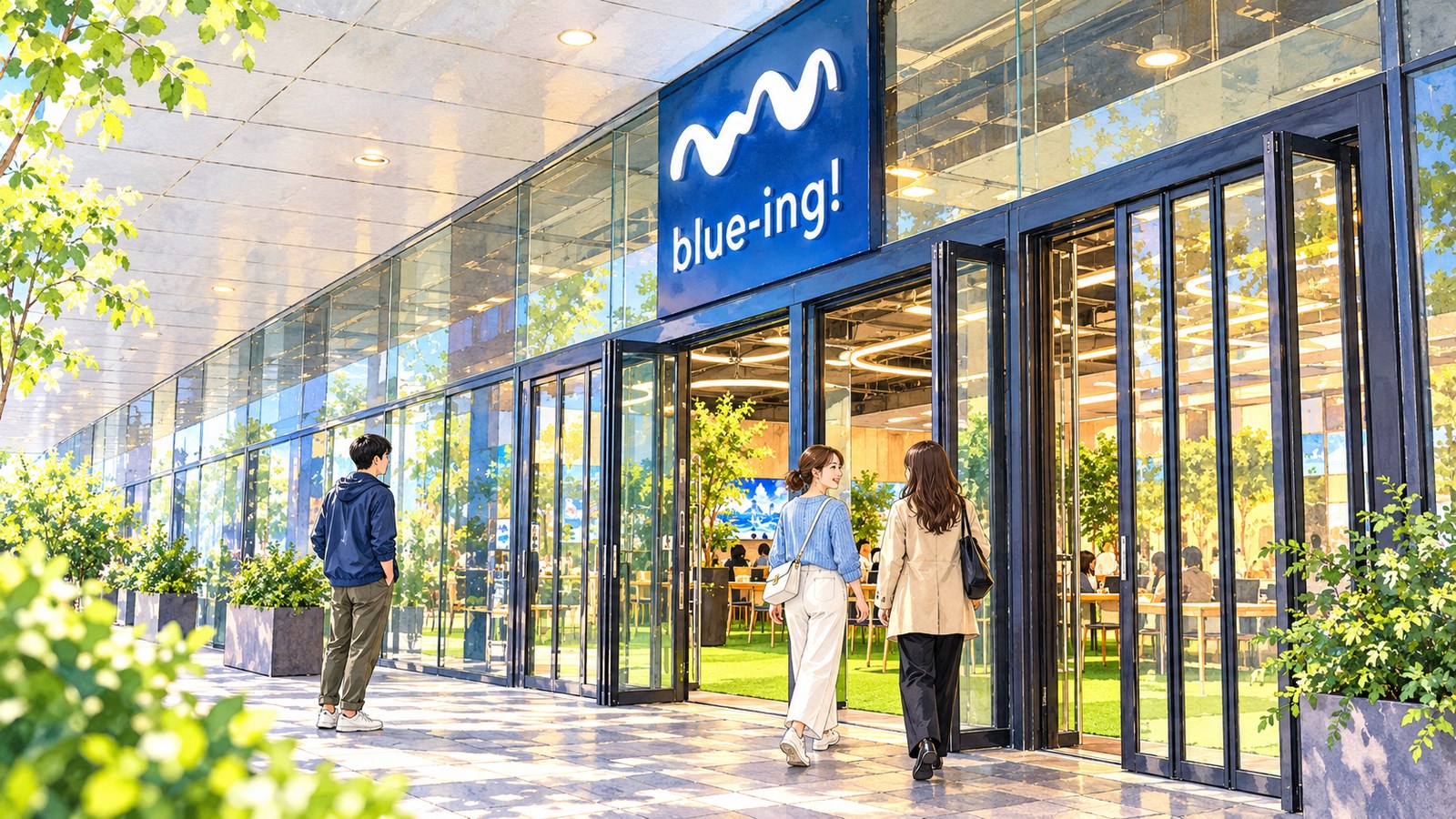 blue-ing!の青い看板とガラスの入口へ向かう来訪者のイラスト