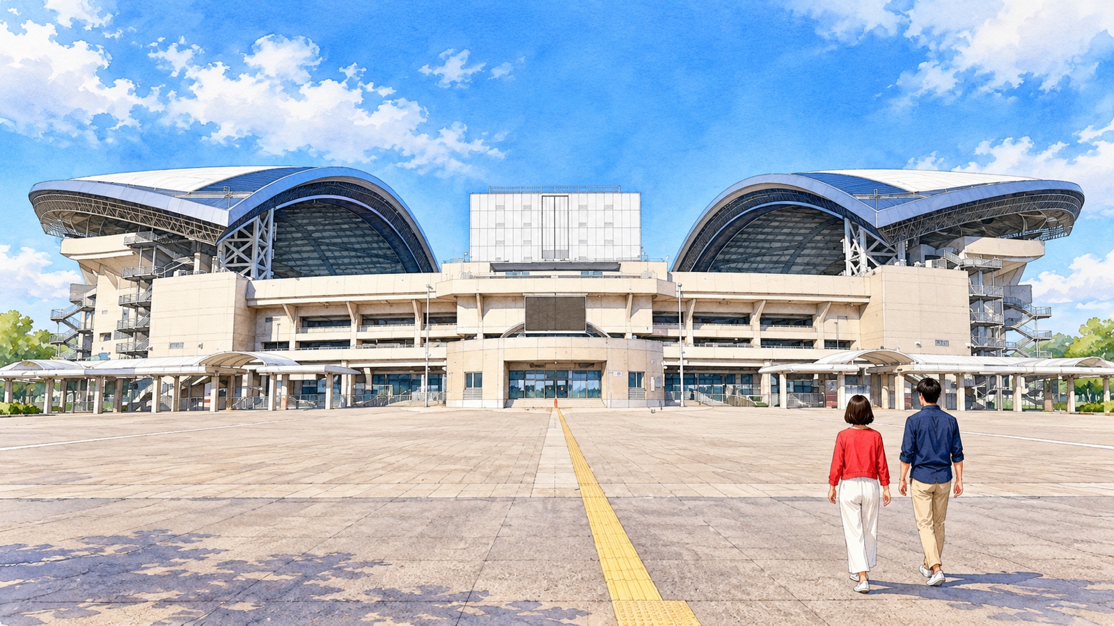 左右に大きな曲面の屋根を持つ埼玉スタジアム2002の正面広場