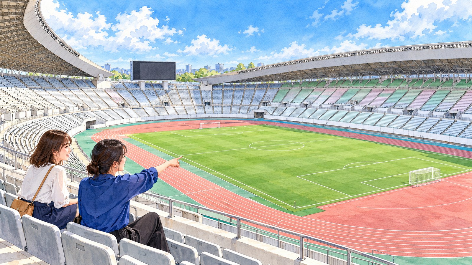 曲線の屋根が覆うヤンマースタジアム長居のスタンドから、ピッチを眺める二人のイラスト
