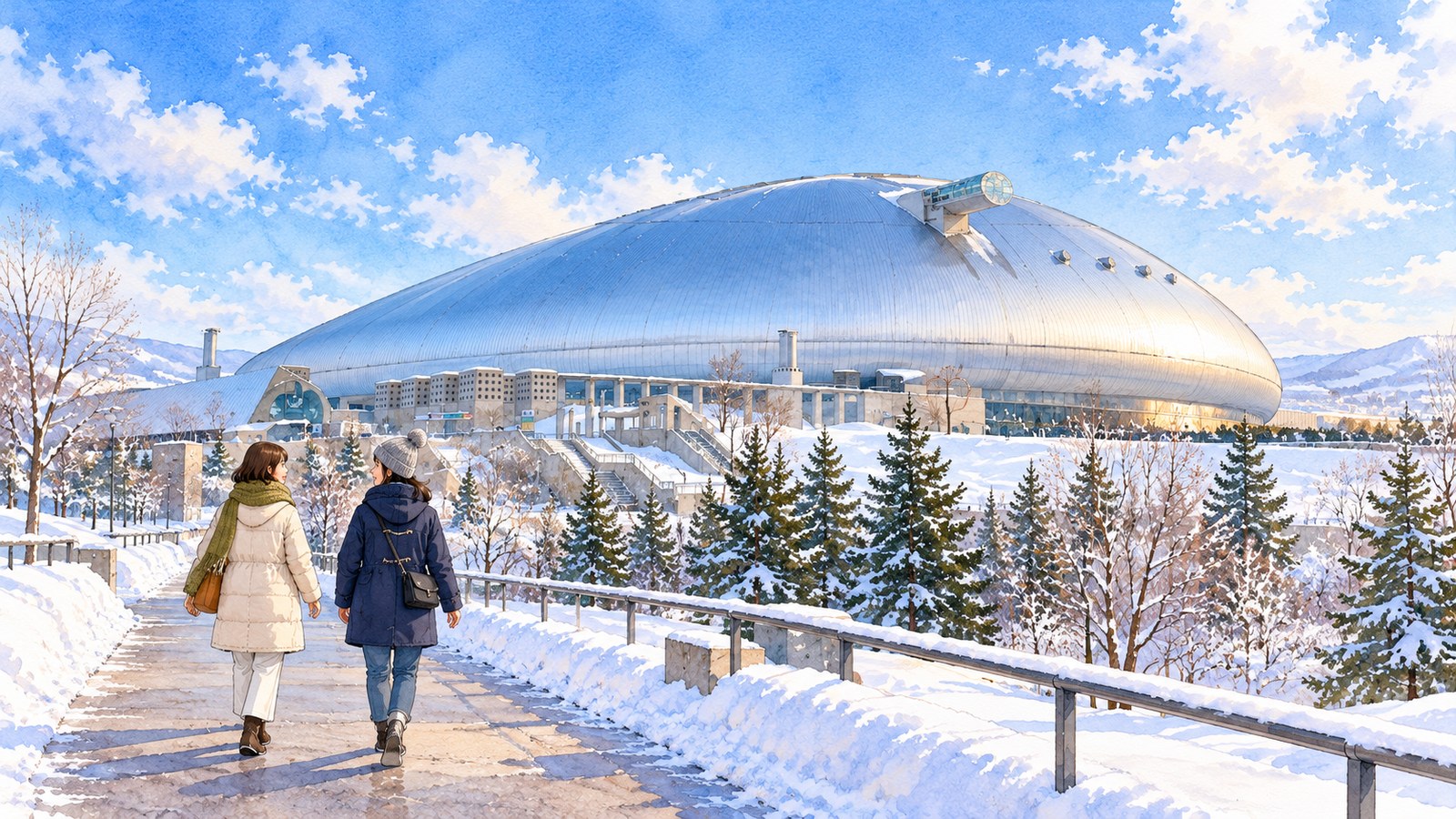 雪の小道から、銀色の大和ハウス プレミストドームへ向かう二人の女性のイラスト