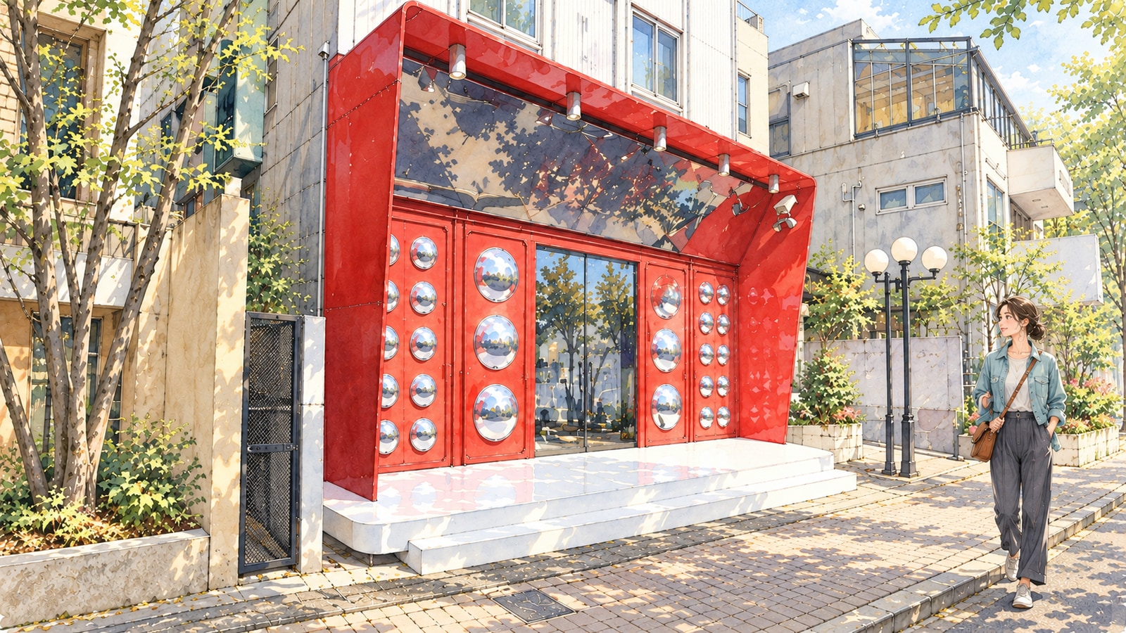 赤い外枠と銀色の丸い装飾があるCandy Stripper原宿本店の前を歩く女性のイラスト