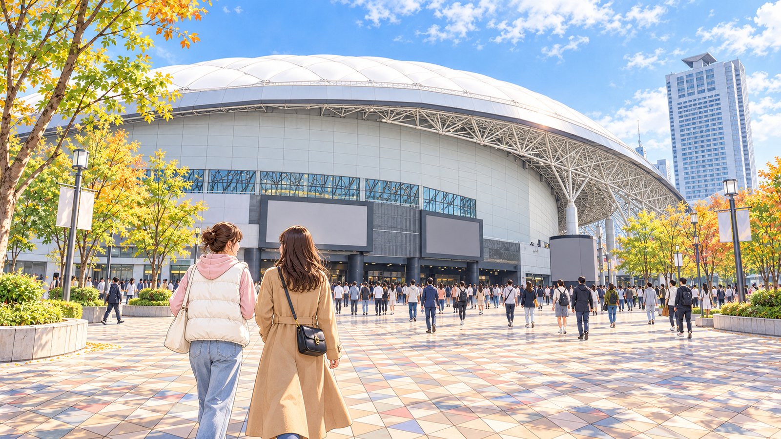 白い屋根の東京ドームへ広場を歩く二人のイラスト